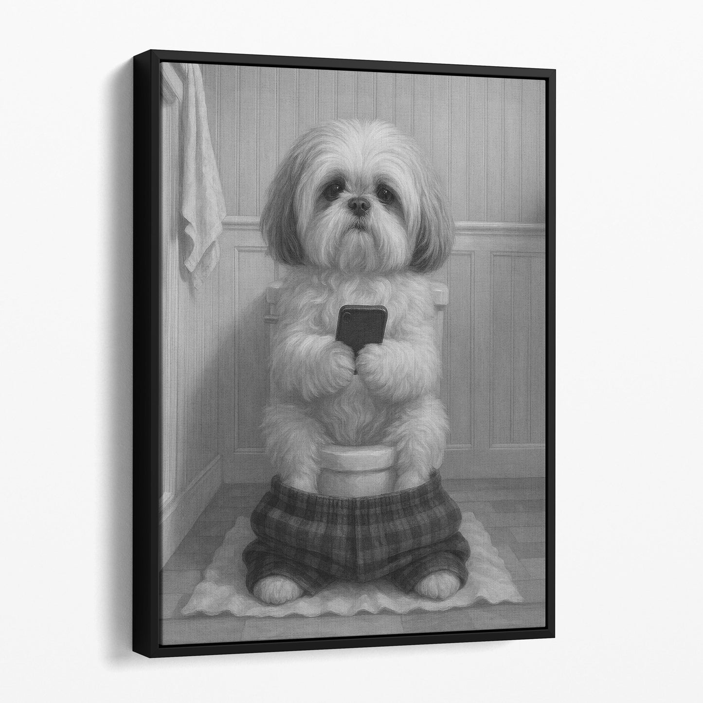 Shih Tzu Dog On The Phone On The Toilet