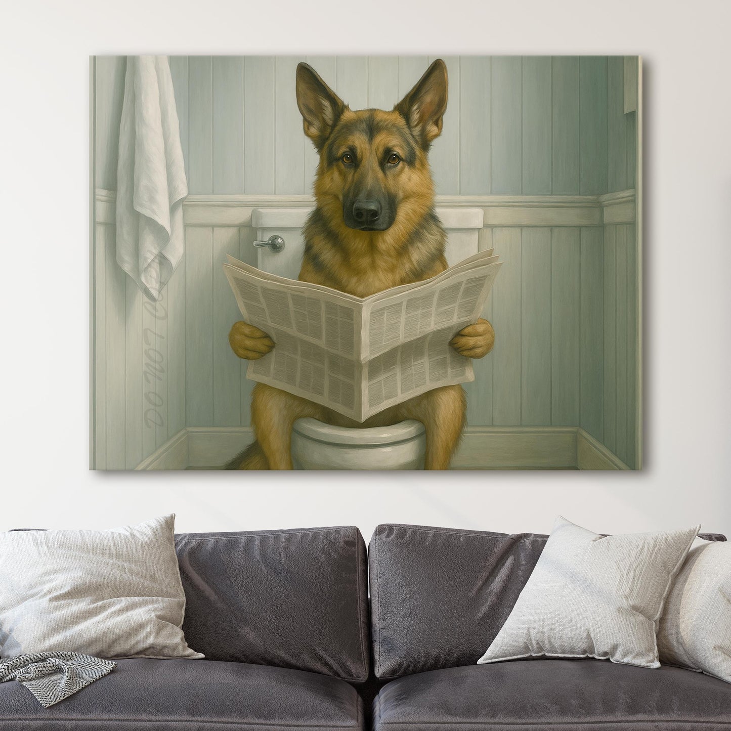 German Shepherd Reading The Newspaper On The Toilet