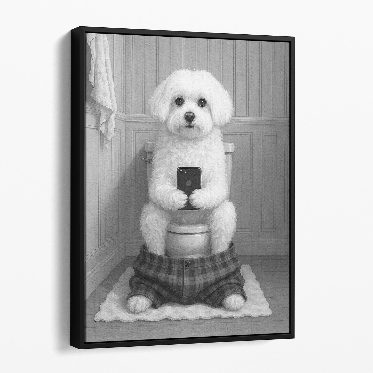Maltese Dog On The Phone On The Toilet