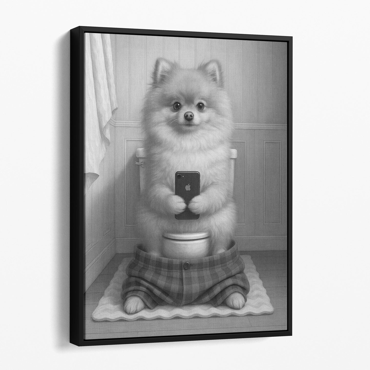 Pomeranian Dog On The Phone On The Toilet