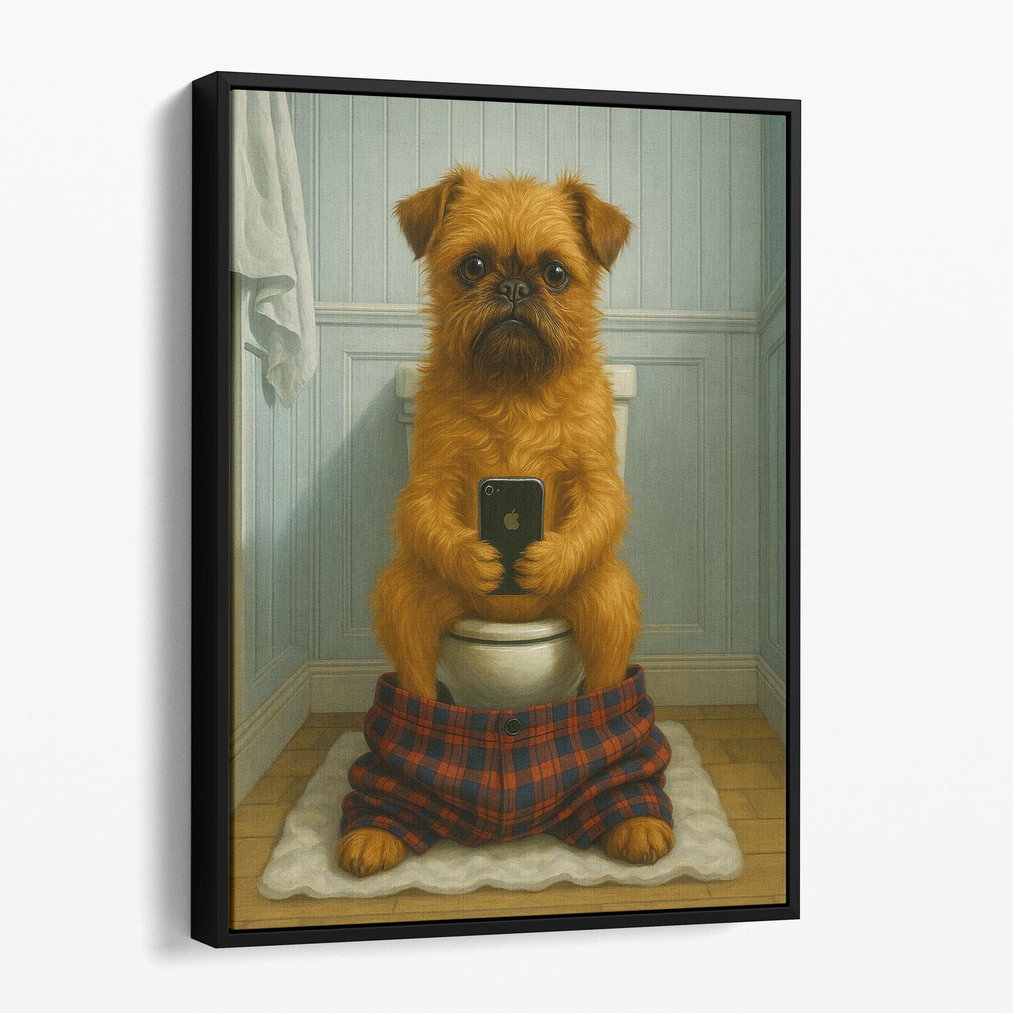 Brussels Griffon Dog On The Phone On The Toilet