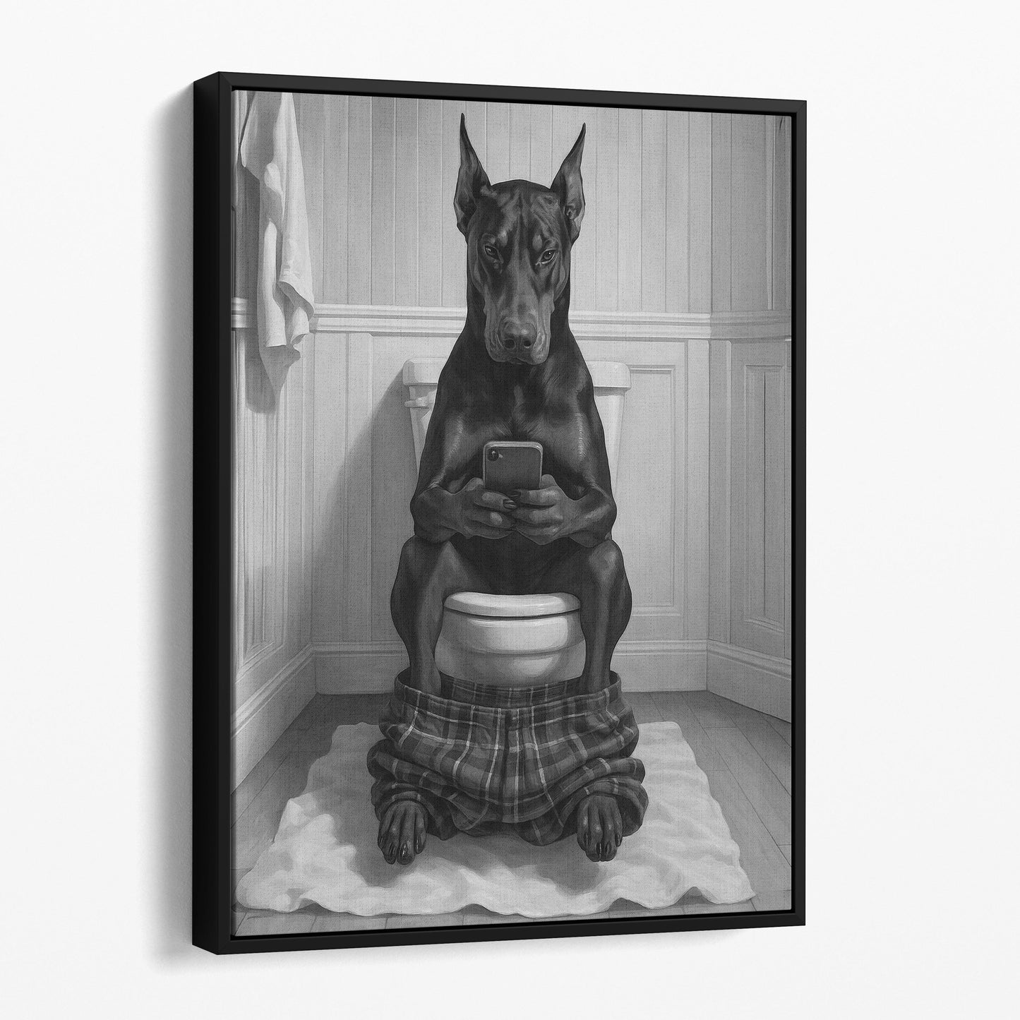 Dobermann Dog On The Phone On The Toilet