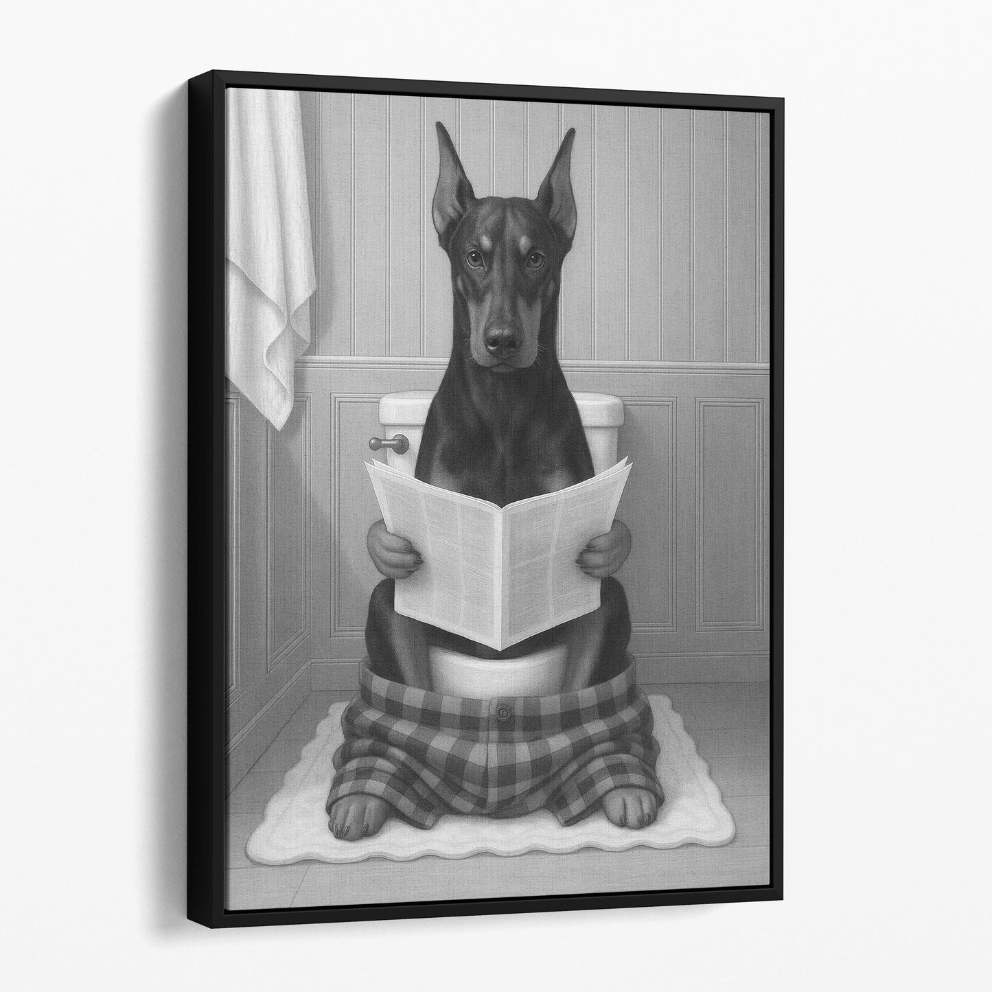 Dobermann Dog Reading The Newspaper On The Toilet