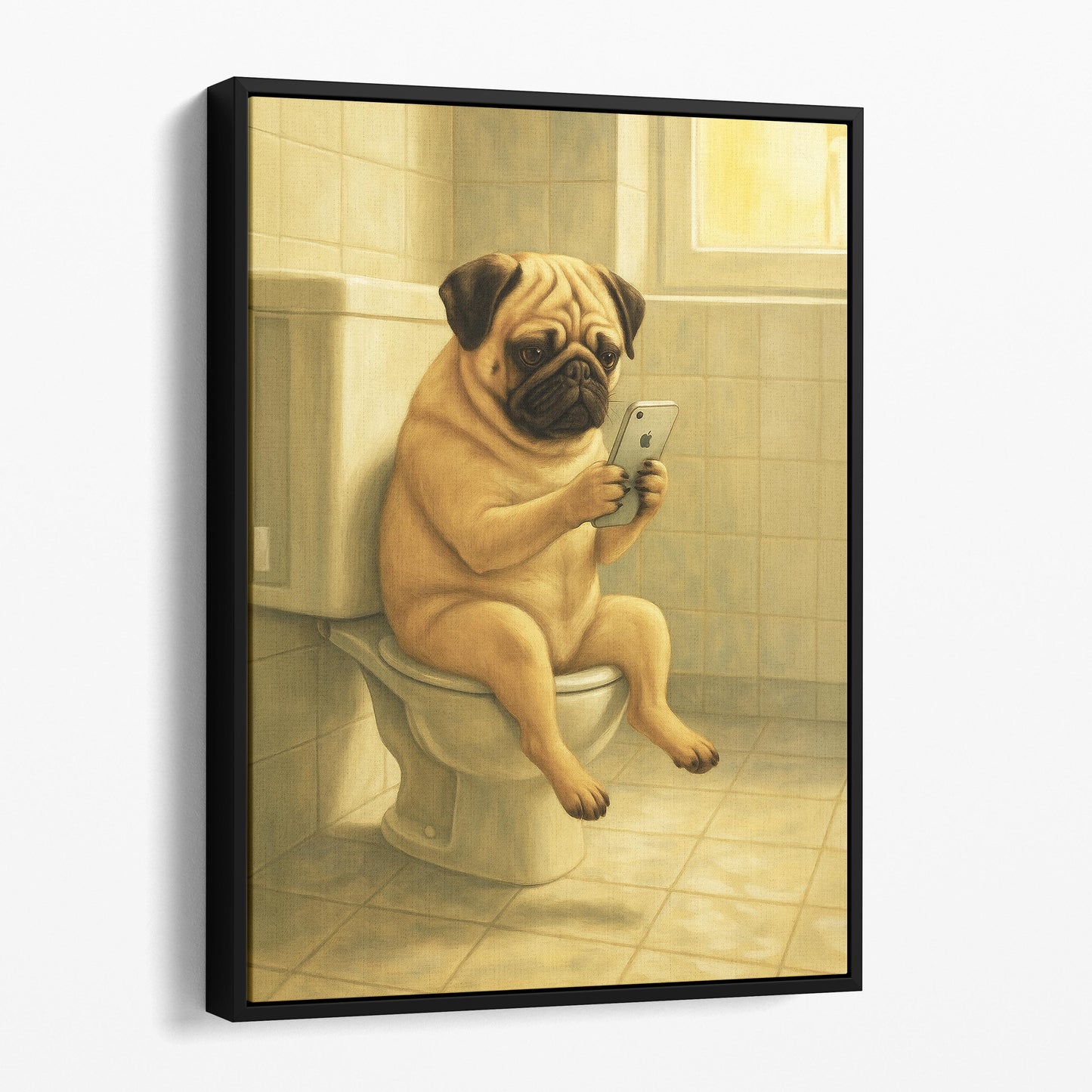 Pug Dog On The Phone On The Toilet