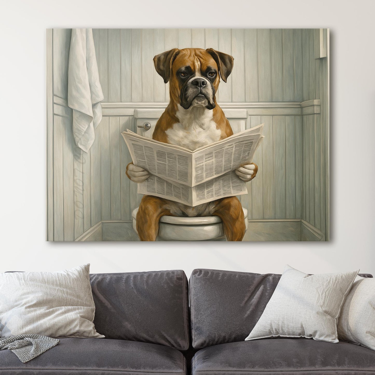 Boxer Dog Reading The Newspaper On The Toilet