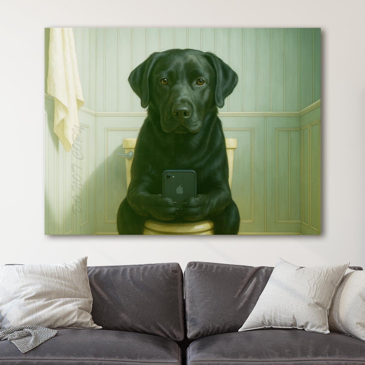 Black Labrador Retriever Dog On The Phone On The Toilet