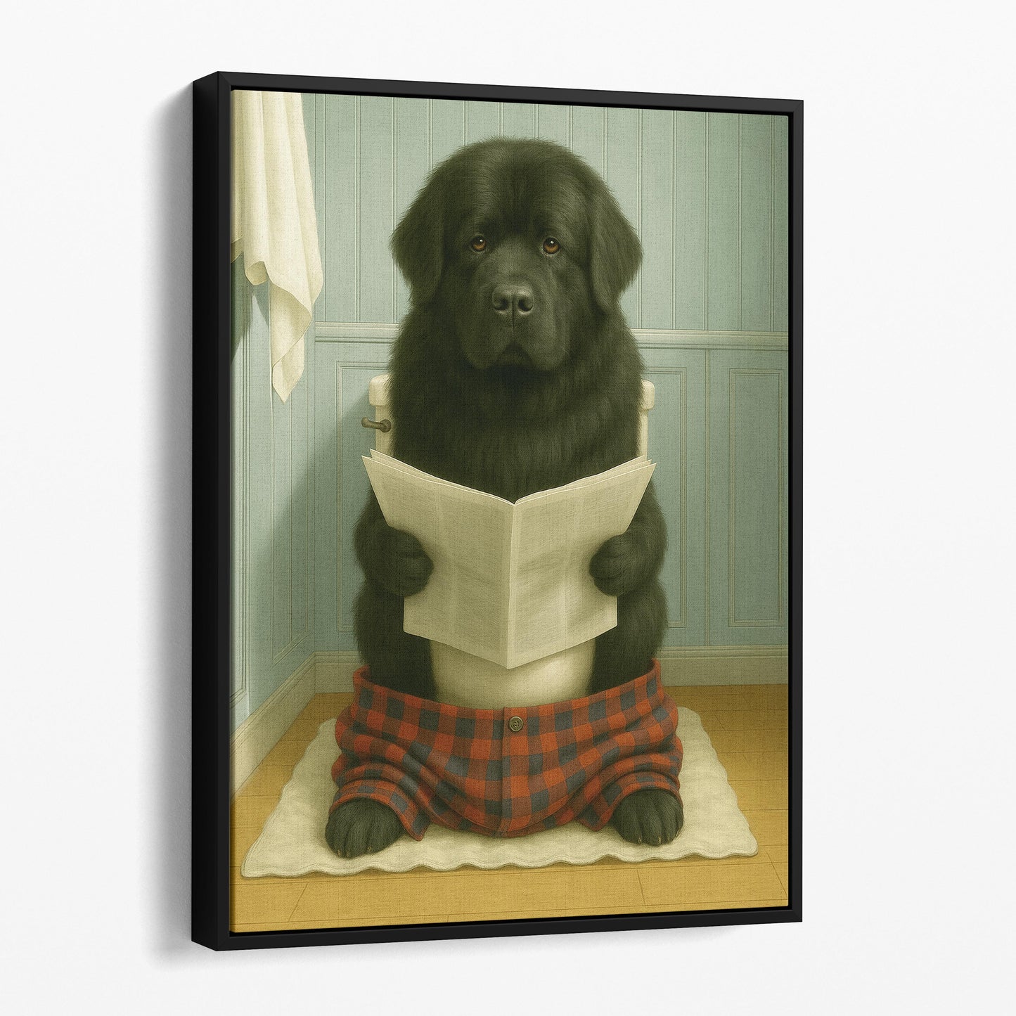 Newfoundland Dog Reading The Newspaper On The Toilet