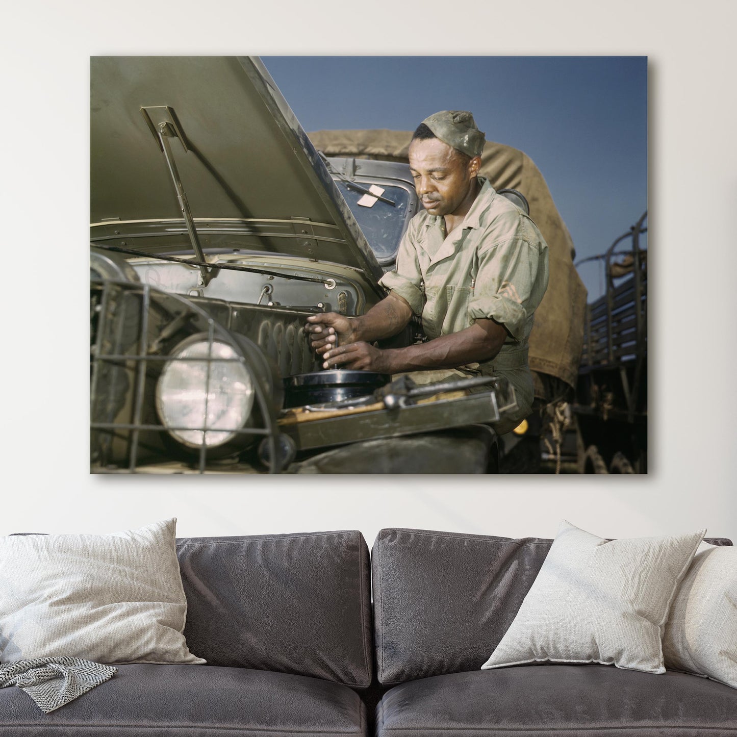 African American Mechanic Servicing a Jeep, World War Two