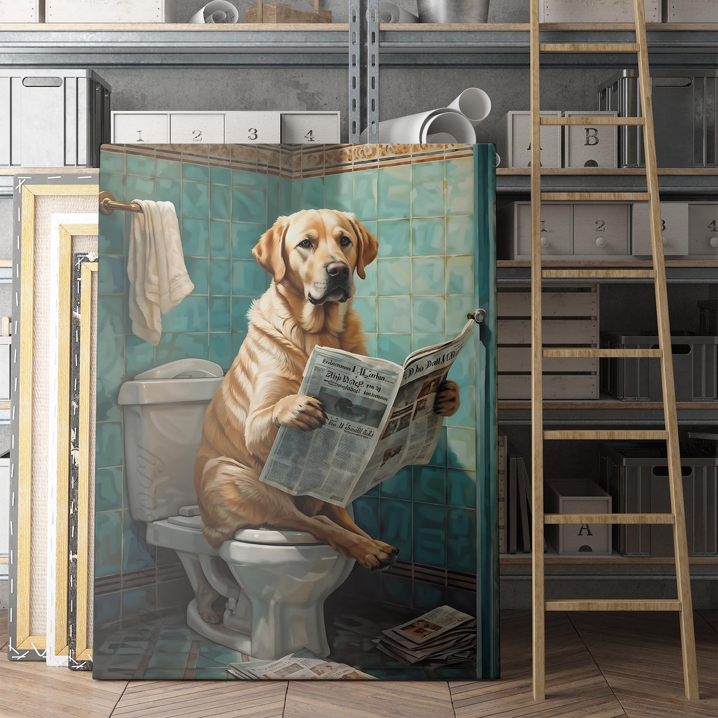 Labrador Retriever Reading The Newspaper On The Toilet