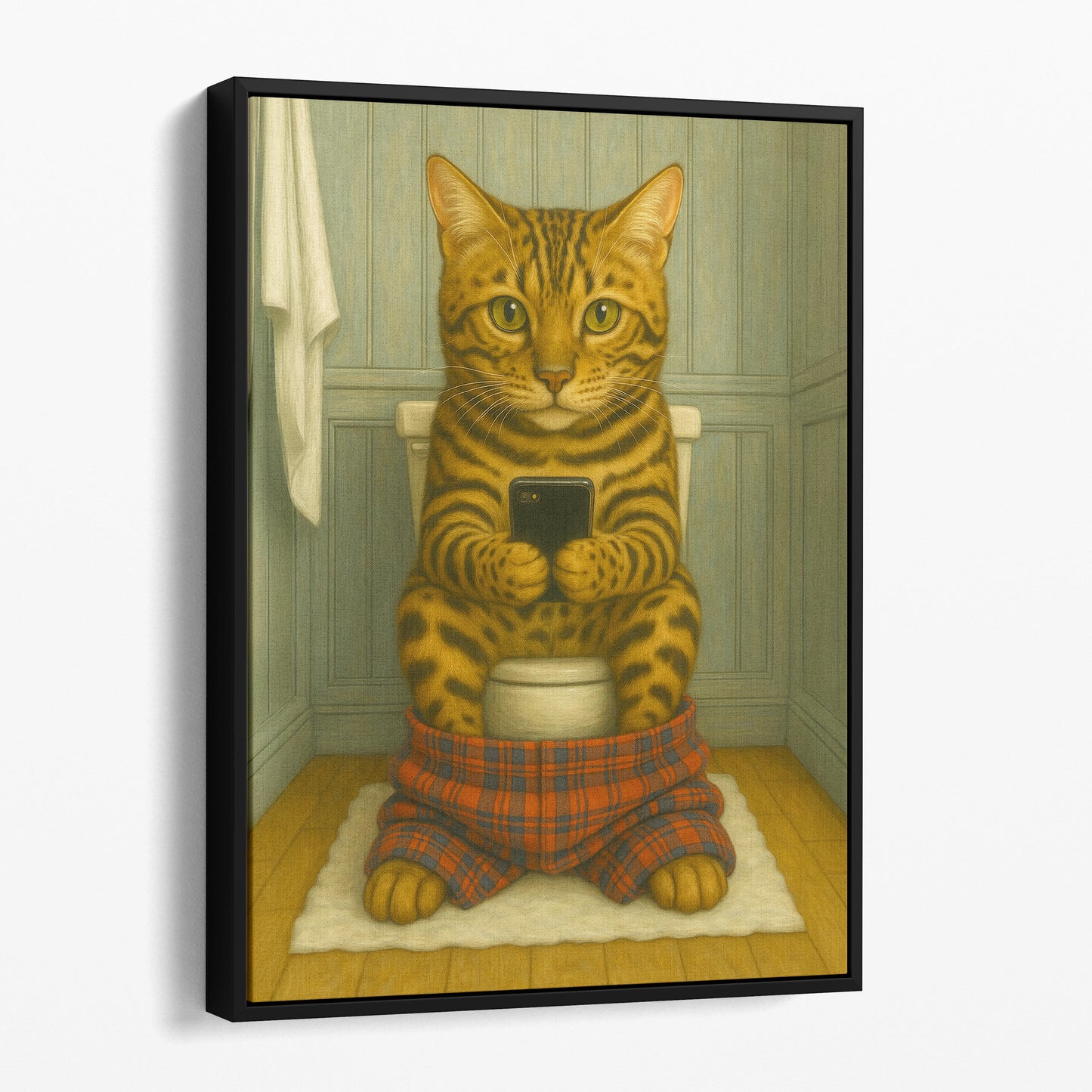Bengal Cat On The Phone On The Toilet