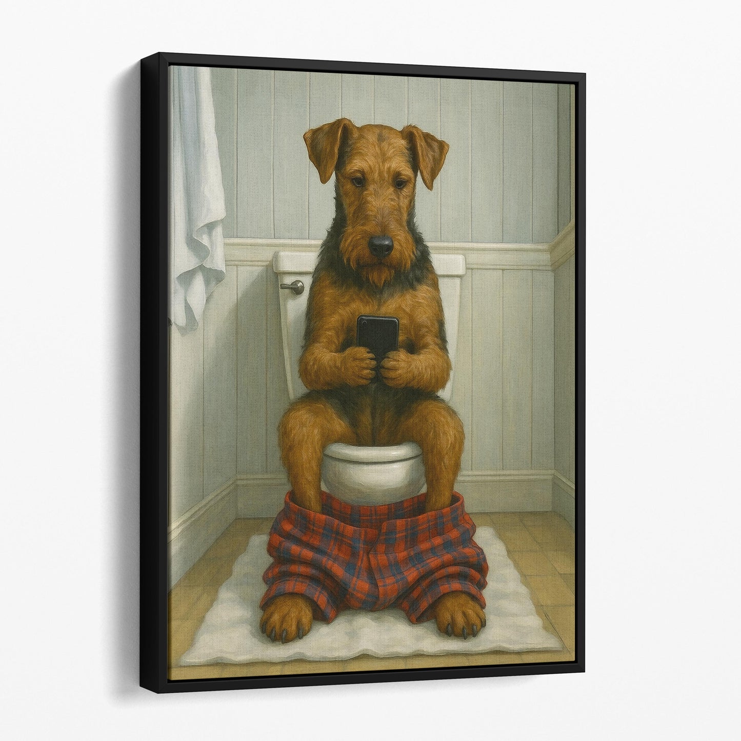 Airedale Terrier Dog On The Phone On The Toilet