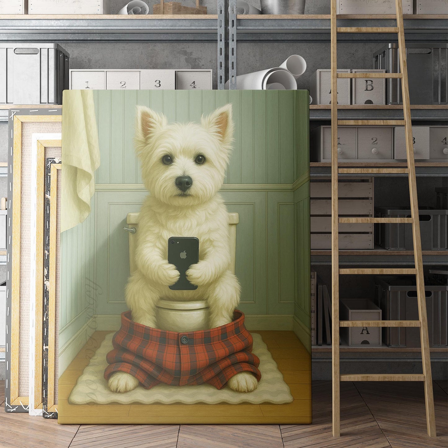 West Highland White Terrier Dog On The Phone On The Toilet