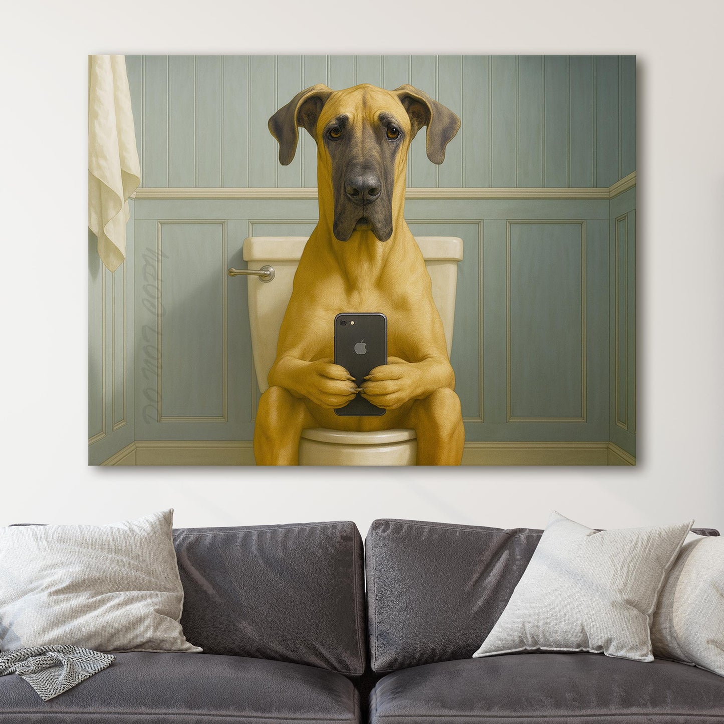 Great Dane Dog On The Phone On The Toilet