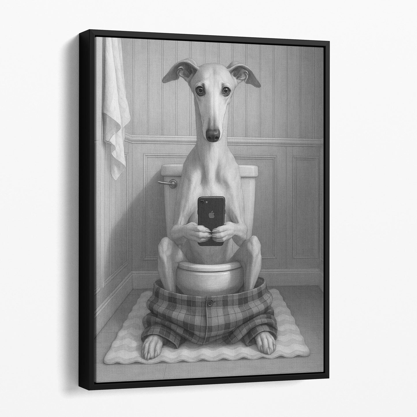 Greyhound Dog On The Phone On The Toilet