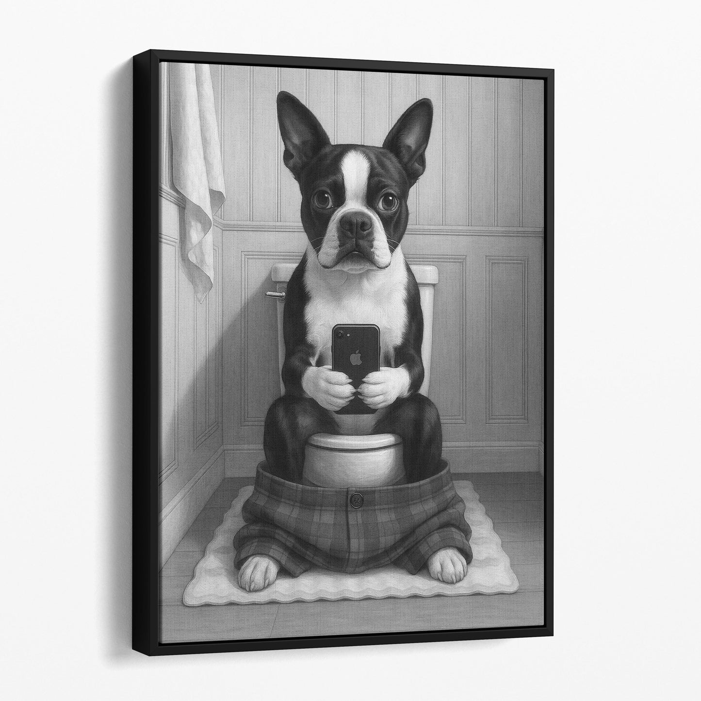 Boston Terrier Dog On The Phone On The Toilet