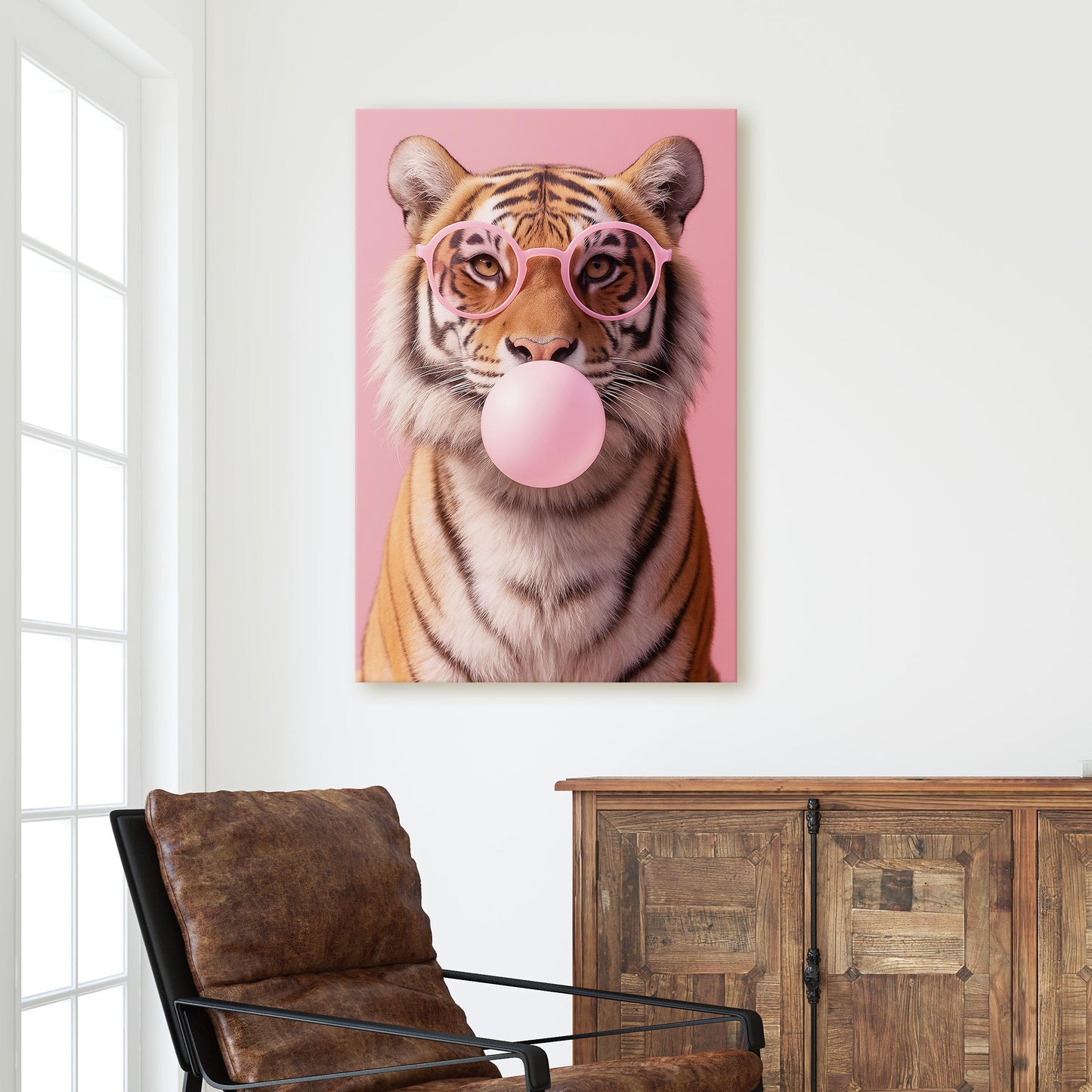 Tiger With Sunglasses Blowing Pink Bubble Gum