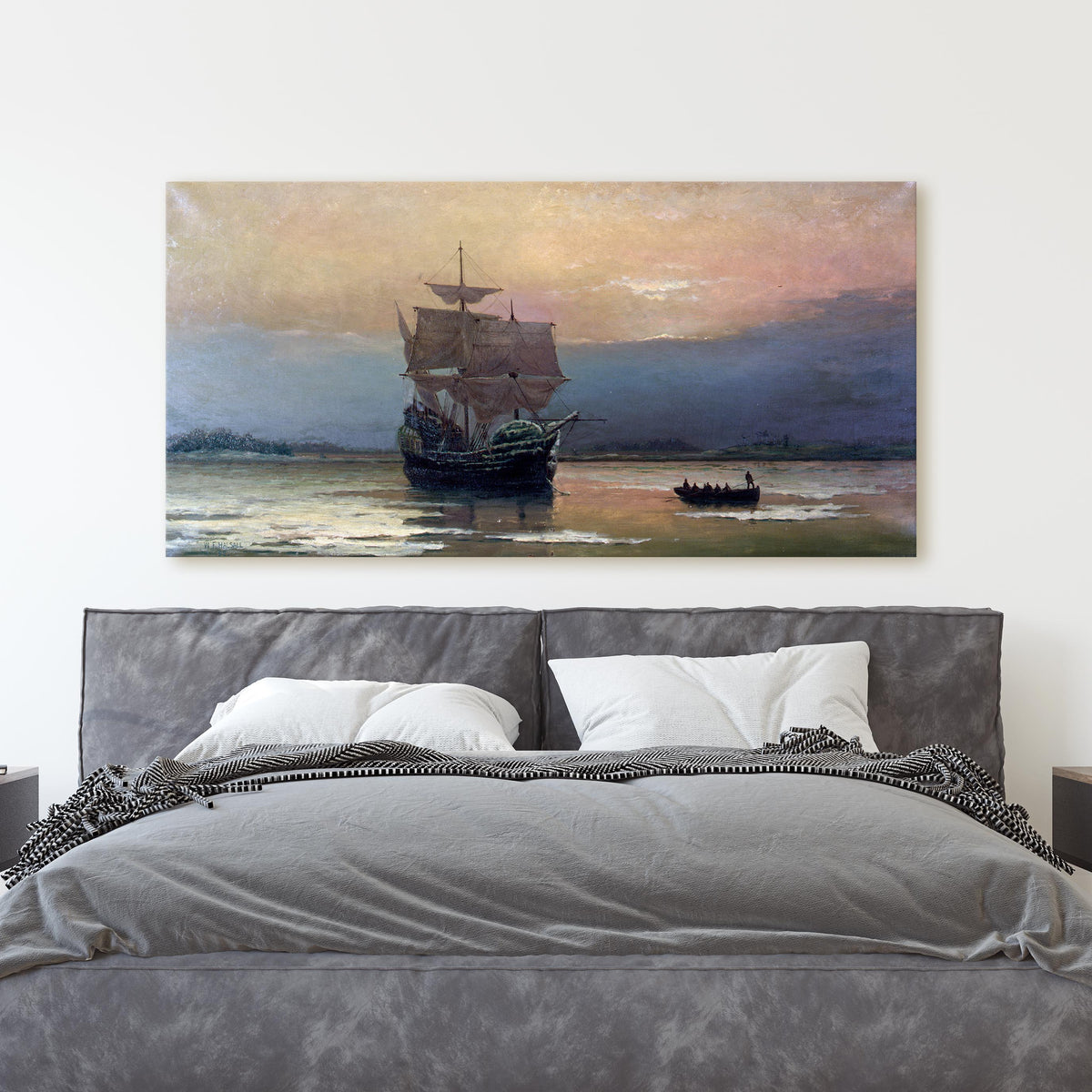 The Mayflower on Her Arrival in Plymouth Harbor by William Halsall (1882)