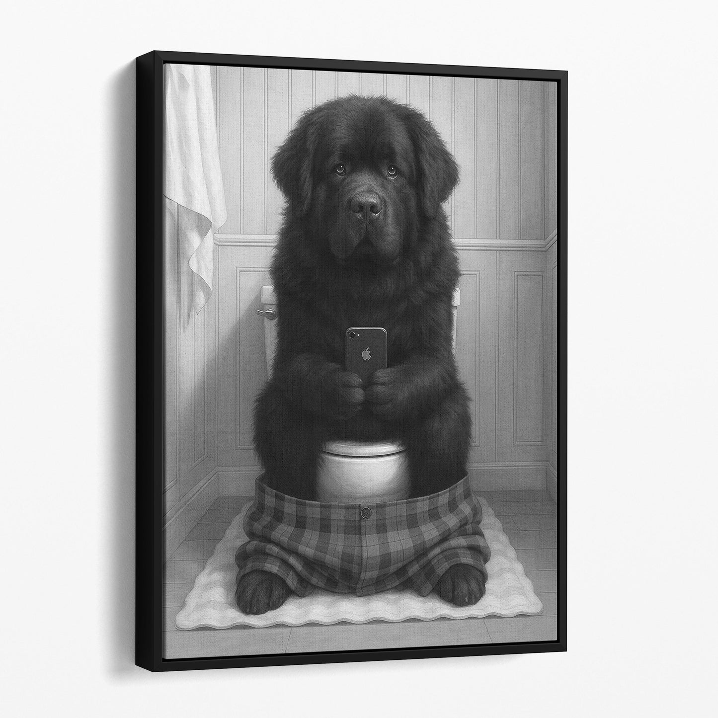 Newfoundland Dog On The Phone On The Toilet
