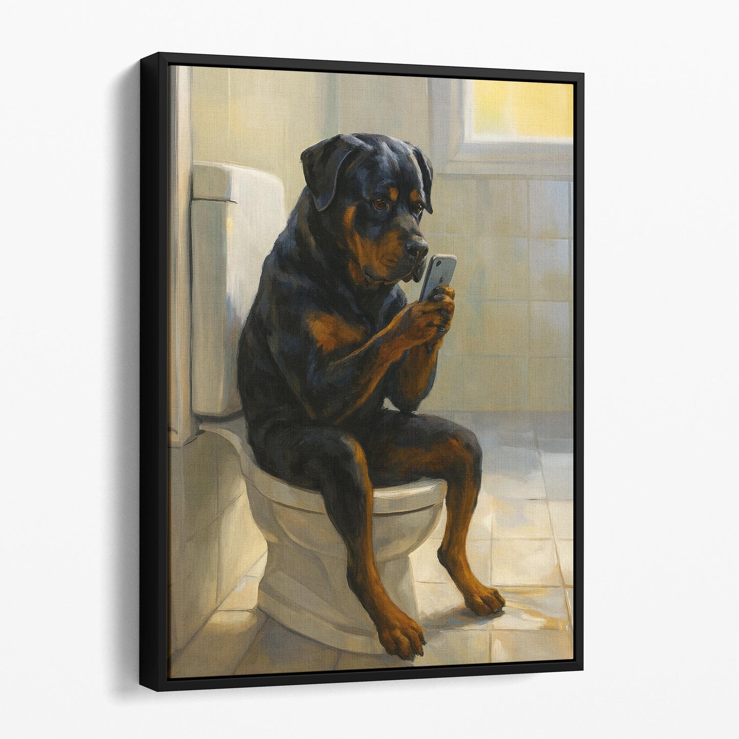 Rottweiler Dog On The Phone On The Toilet