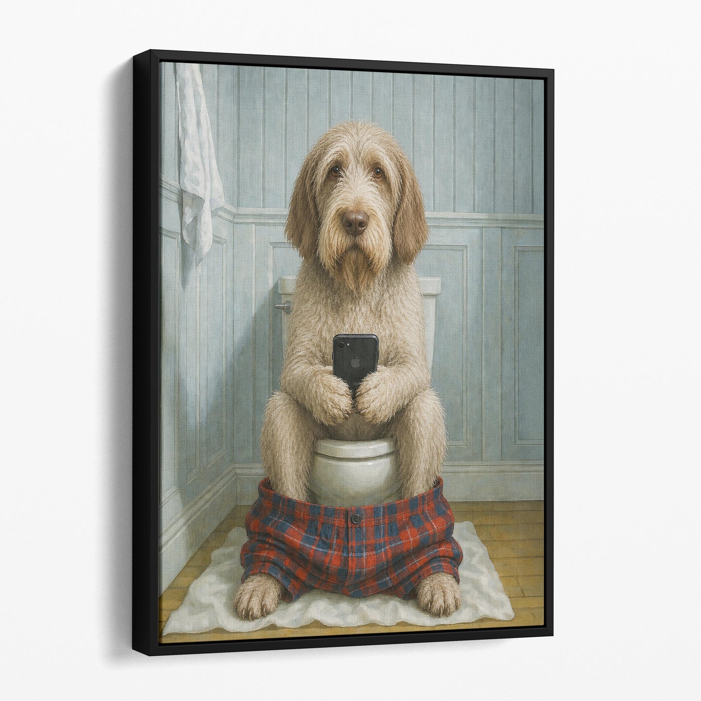 Spinone Italiano Dog On The Phone On The Toilet