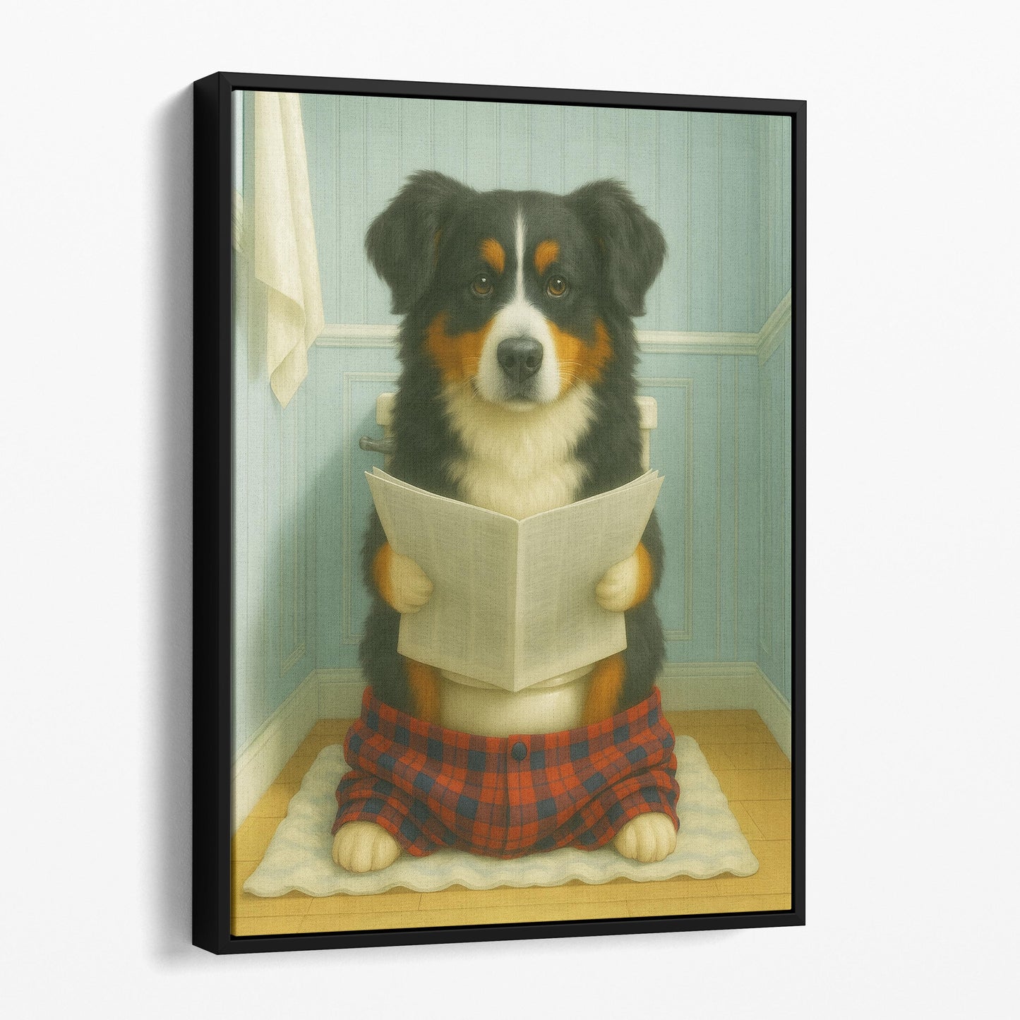Bernese Mountain Dog Reading The Newspaper On The Toilet