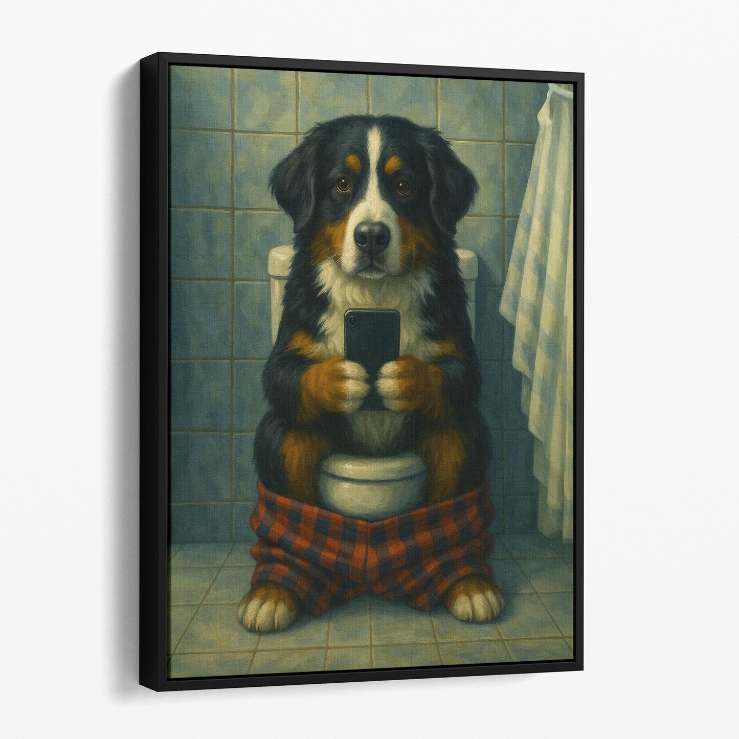 Bernese Mountain Dog On The Phone On The Toilet II
