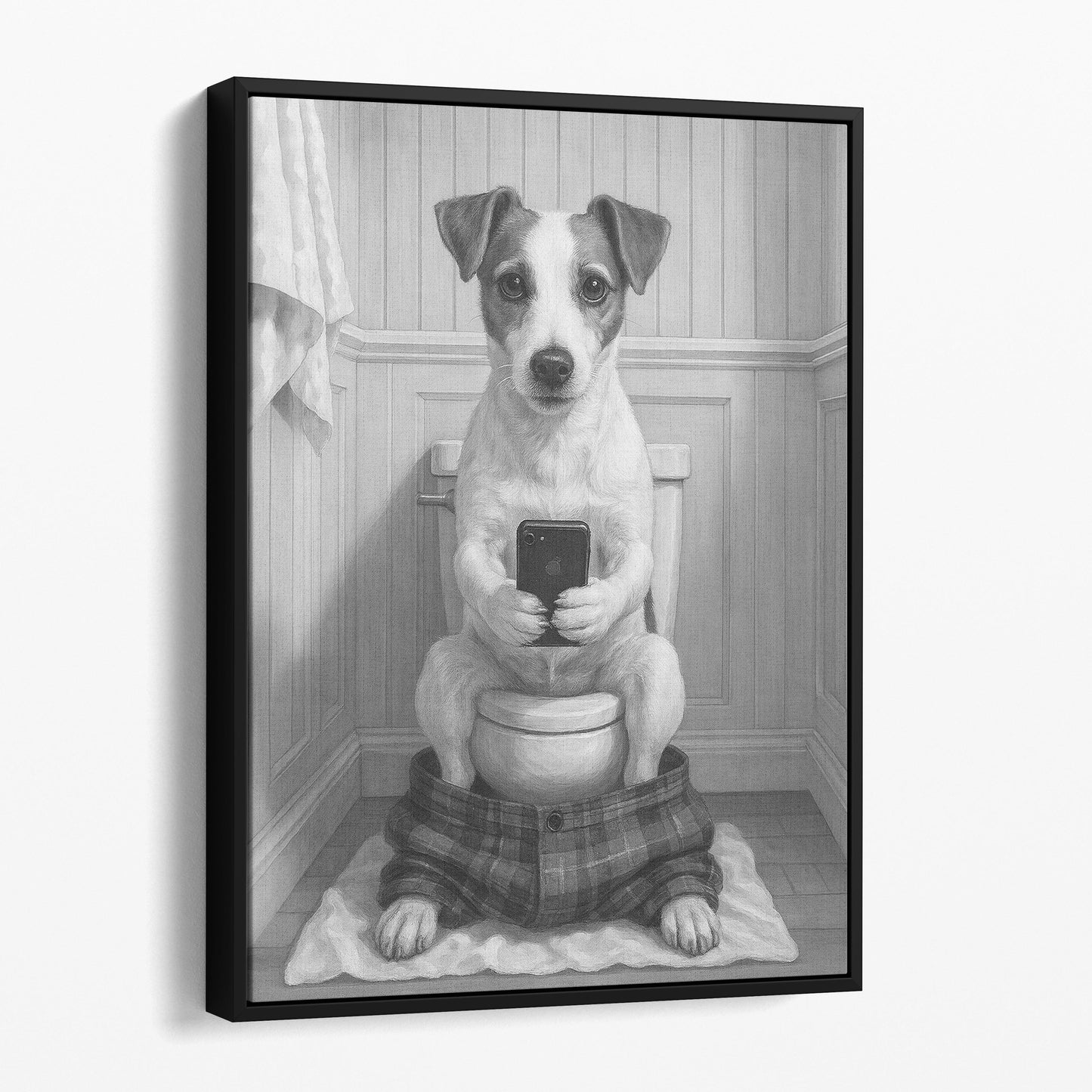 Jack Russell Terrier Dog On The Phone On The Toilet