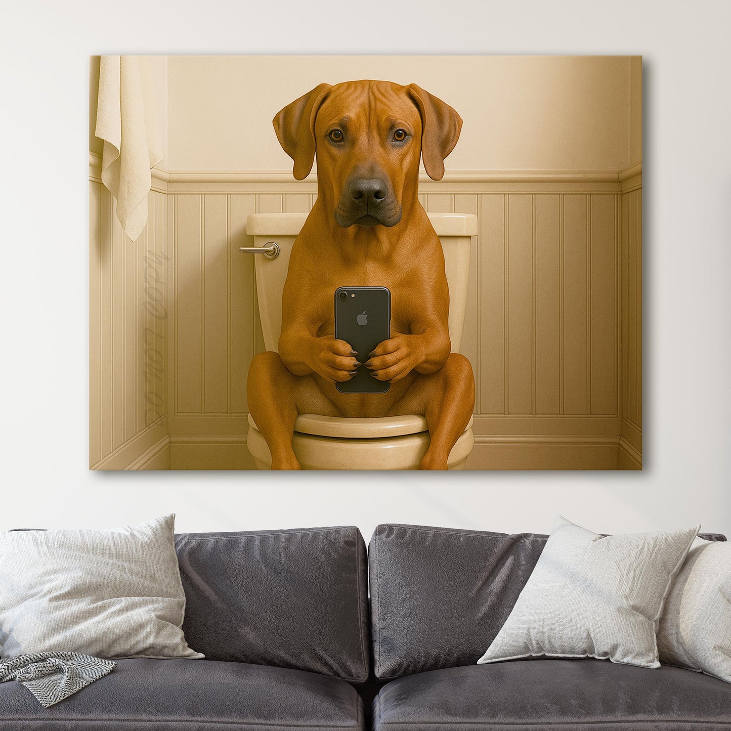 Rhodesian Ridgeback Dog On The Phone On The Toilet