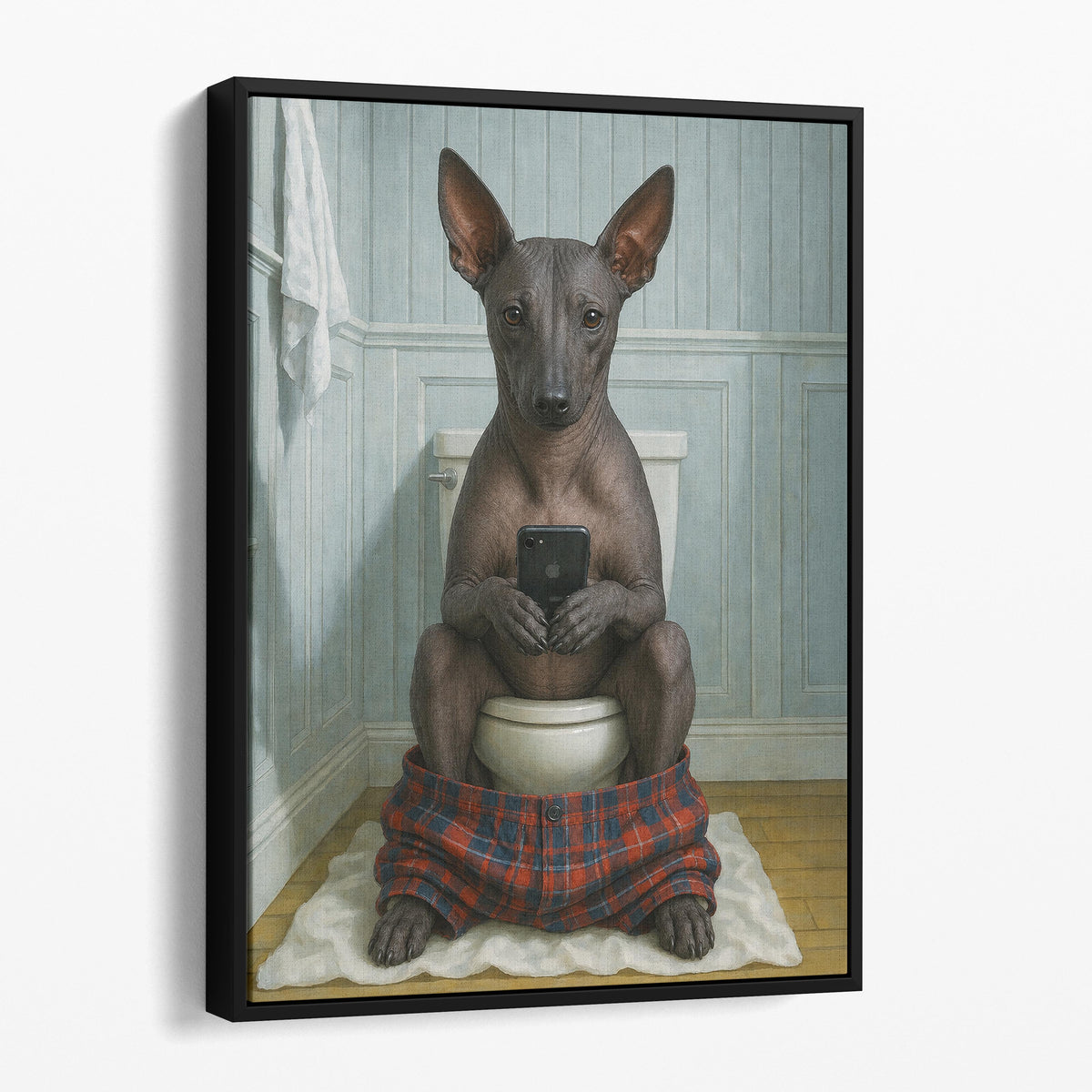 Xoloitzcuintli Dog On The Phone On The Toilet