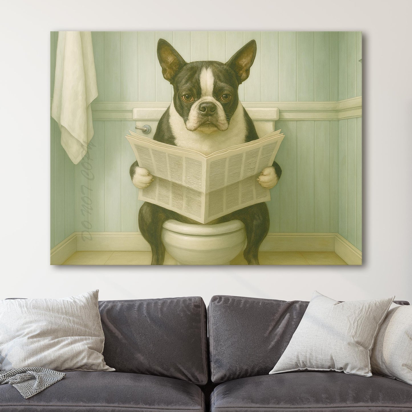 French Bulldog Reading The Newspaper On The Toilet