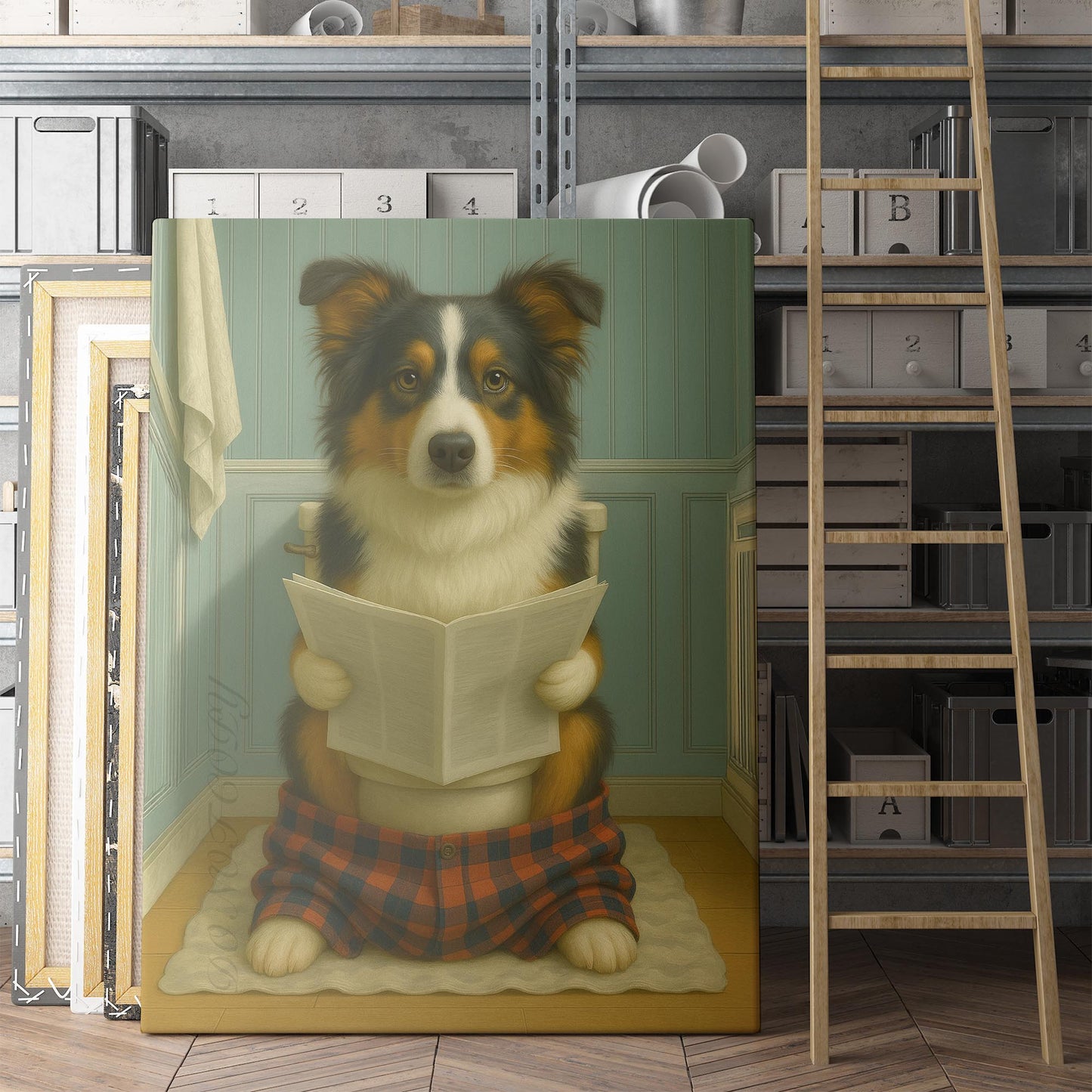 Australian Shepherd Dog Reading The Newspaper On The Toilet