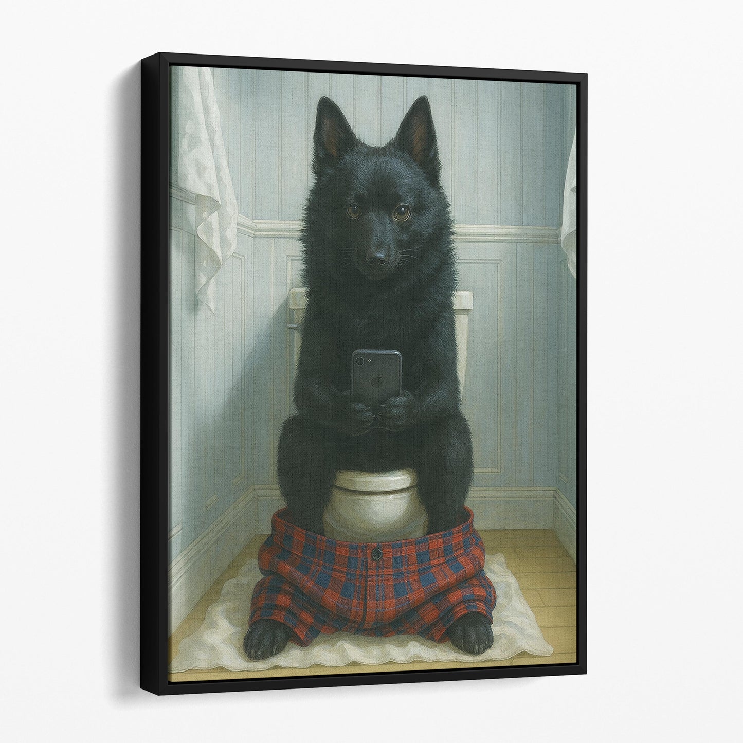 Schipperke Dog On The Phone On The Toilet