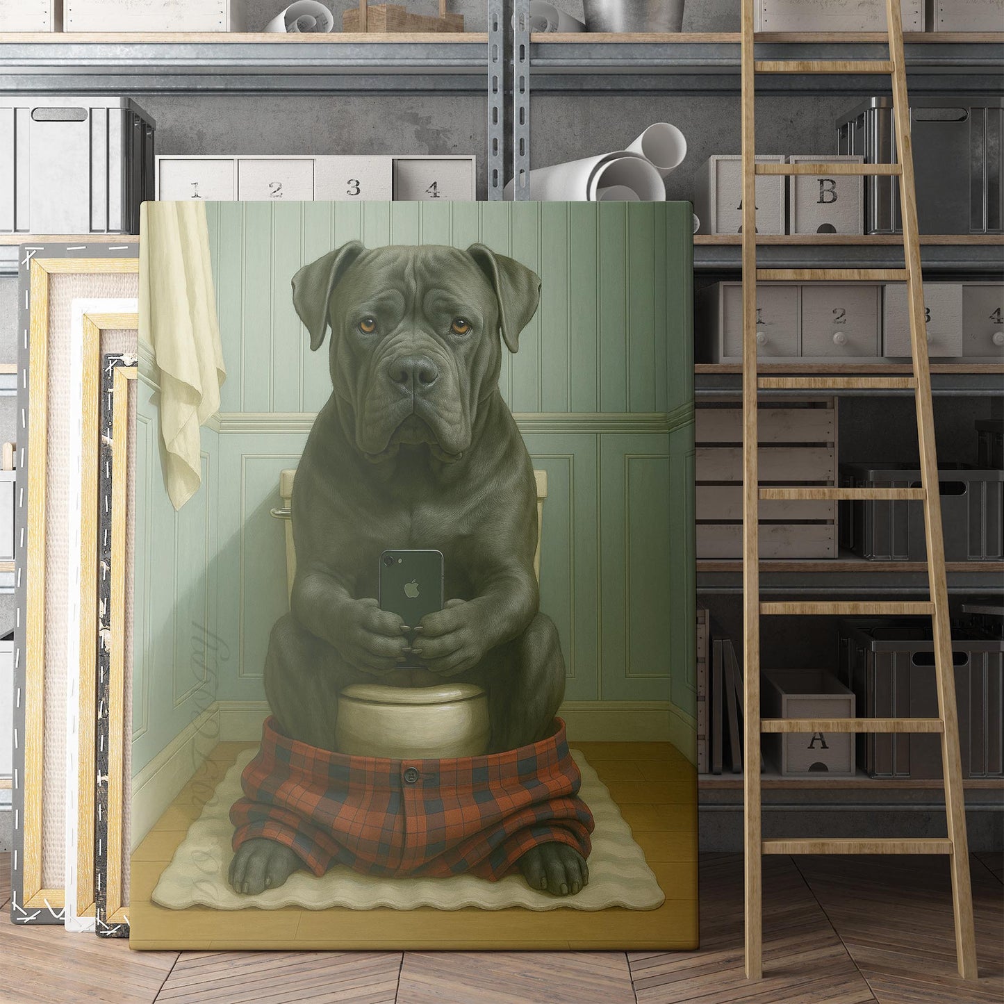 Cane Corso Dog On The Phone On The Toilet