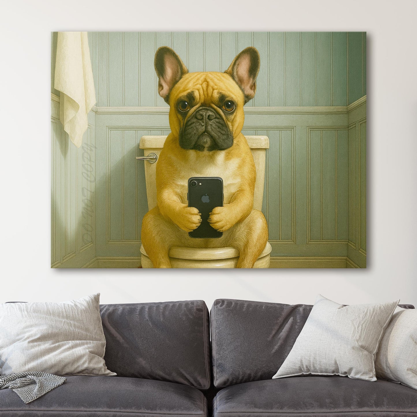 French Bulldog On The Phone On The Toilet