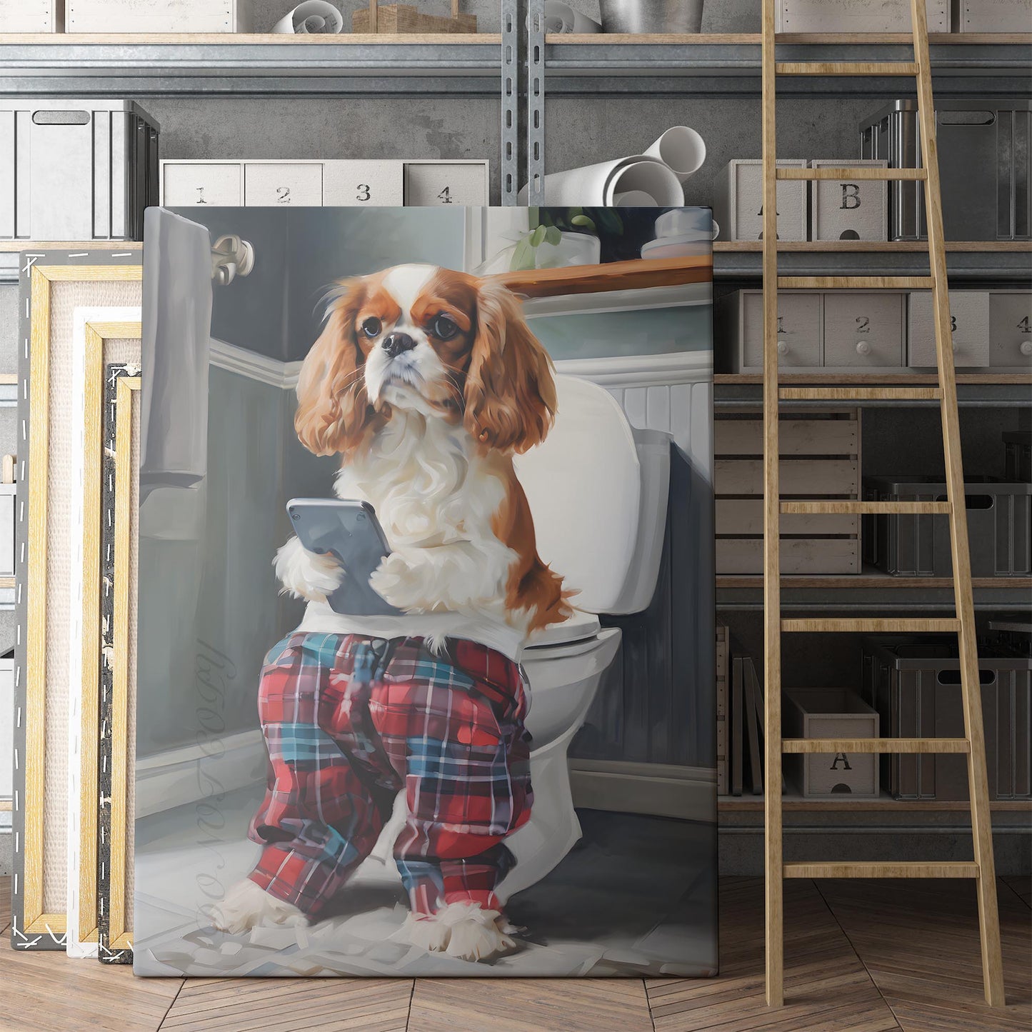 Cavalier King Charles On The Phone On The Toilet