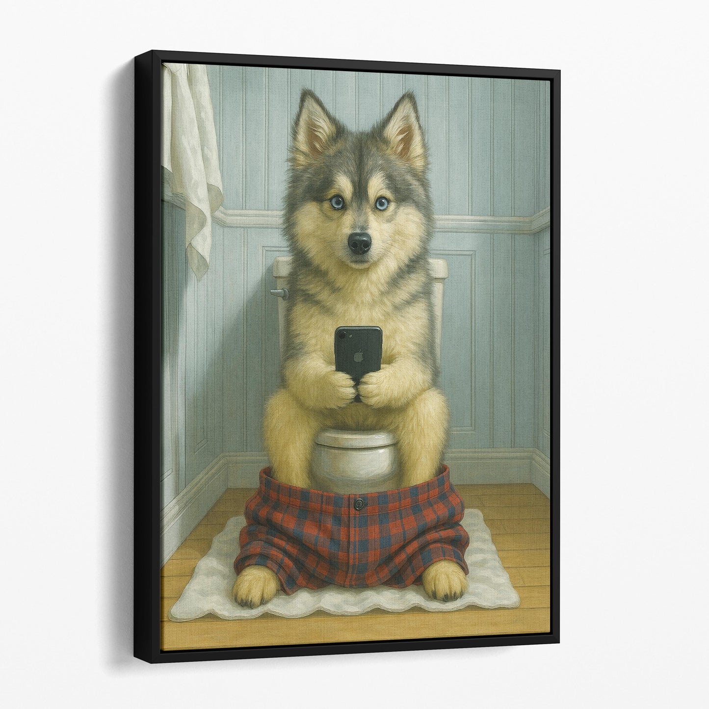 Pomsky Dog On The Phone On The Toilet