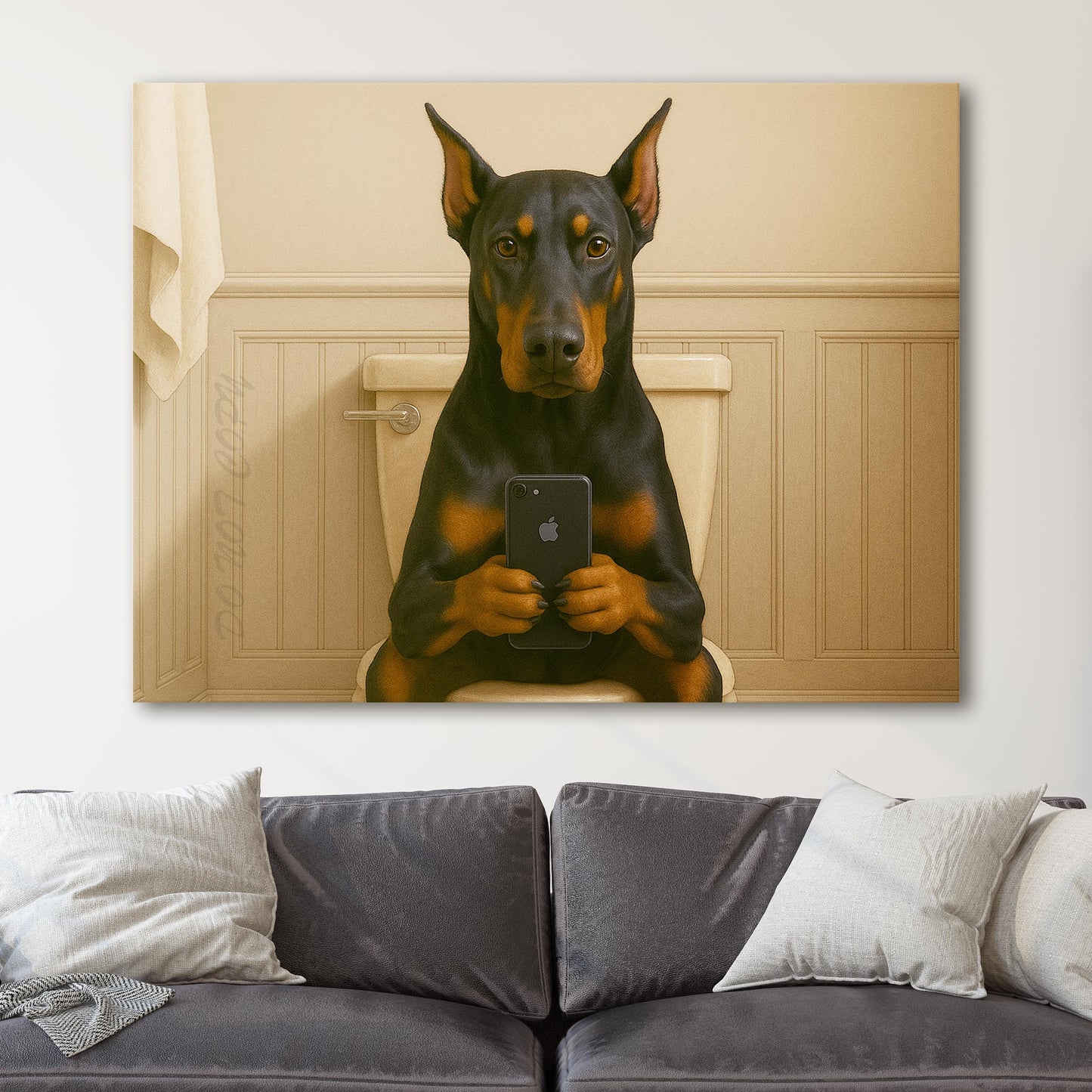Dobermann Dog On The Phone On The Toilet