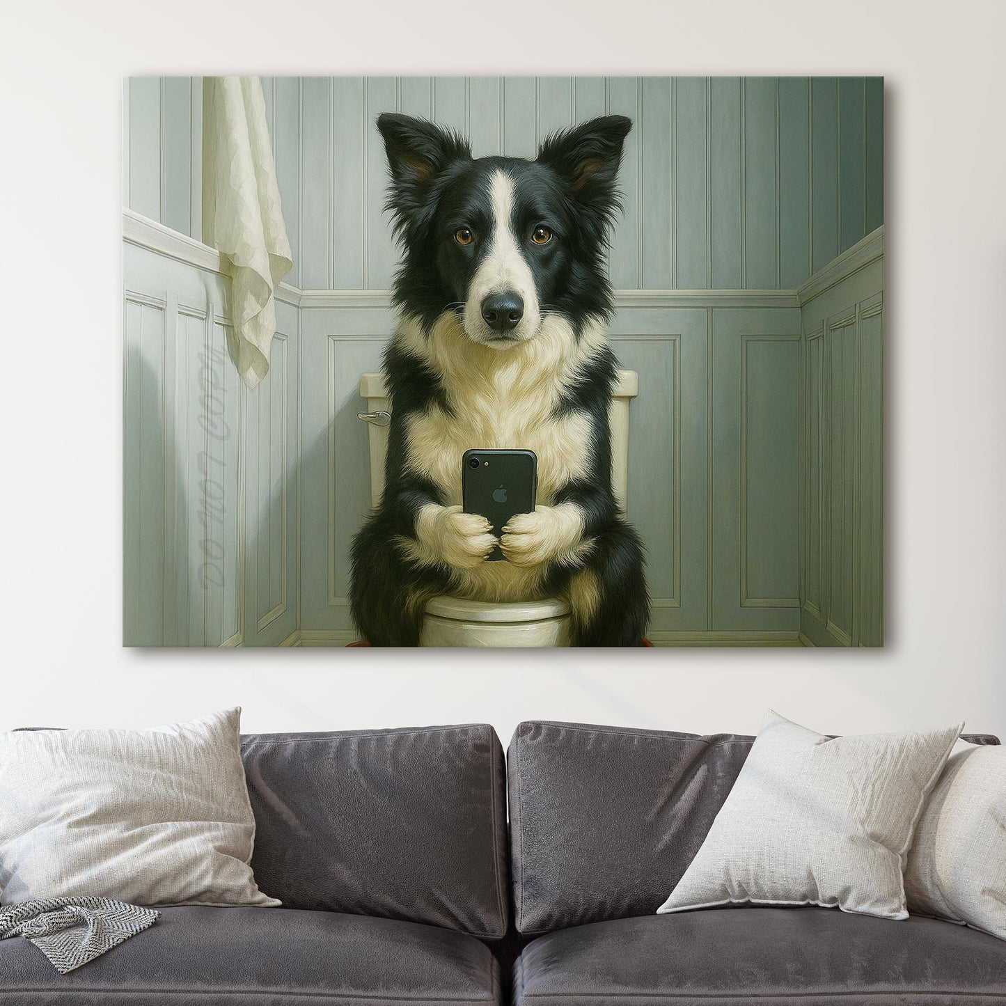 Border Collie Dog On The Phone On The Toilet