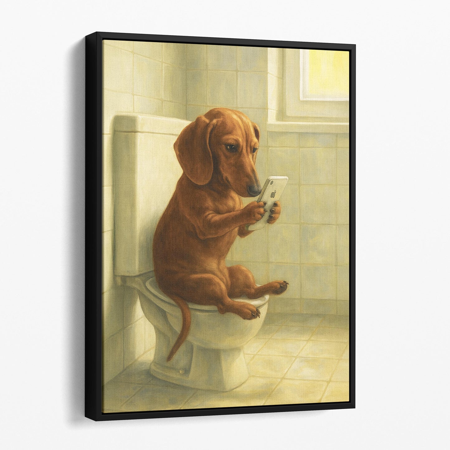 Dachshund Dog On The Phone On The Toilet