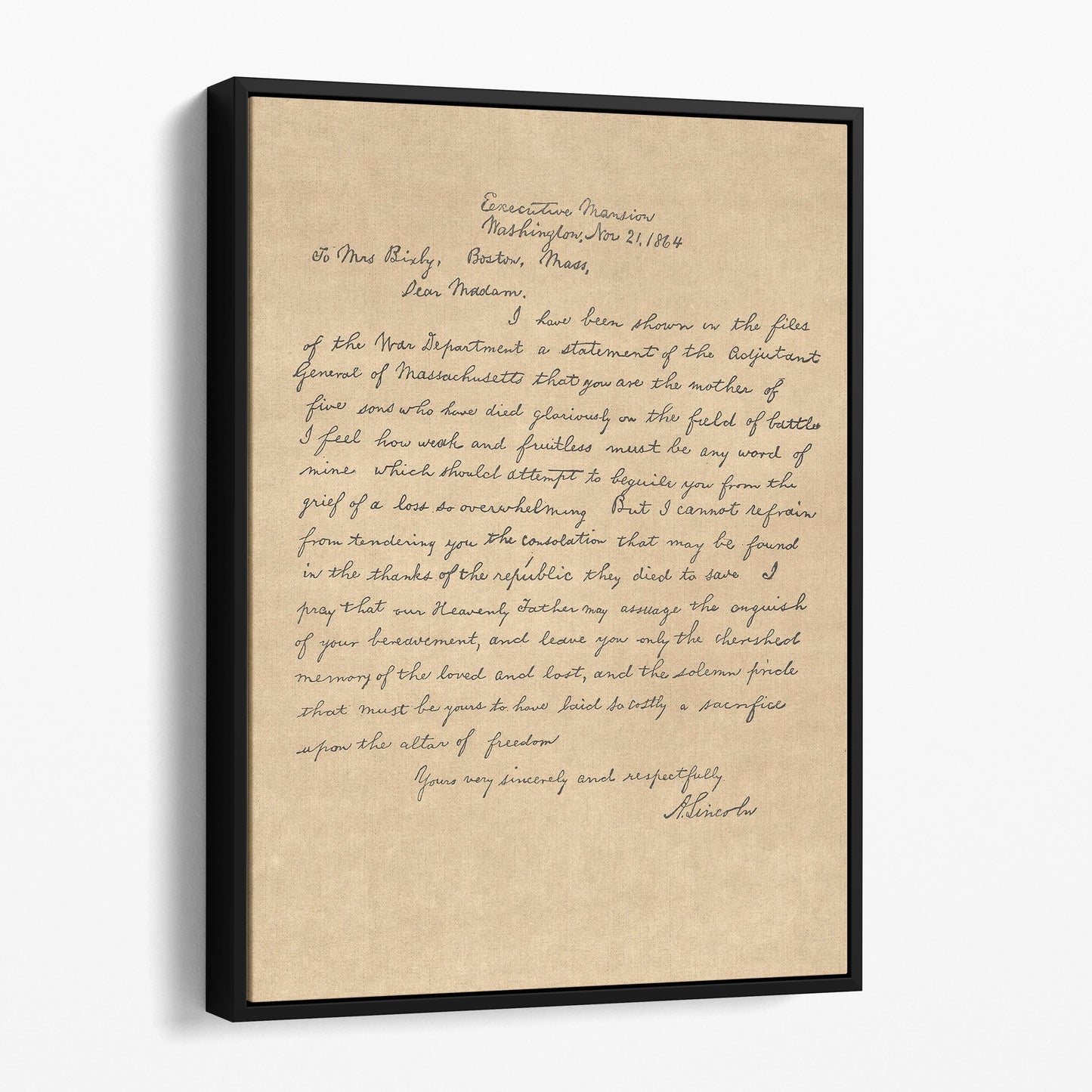 President Lincoln's Letter of Condolence to Mrs. Bixby, Civil War 1800s