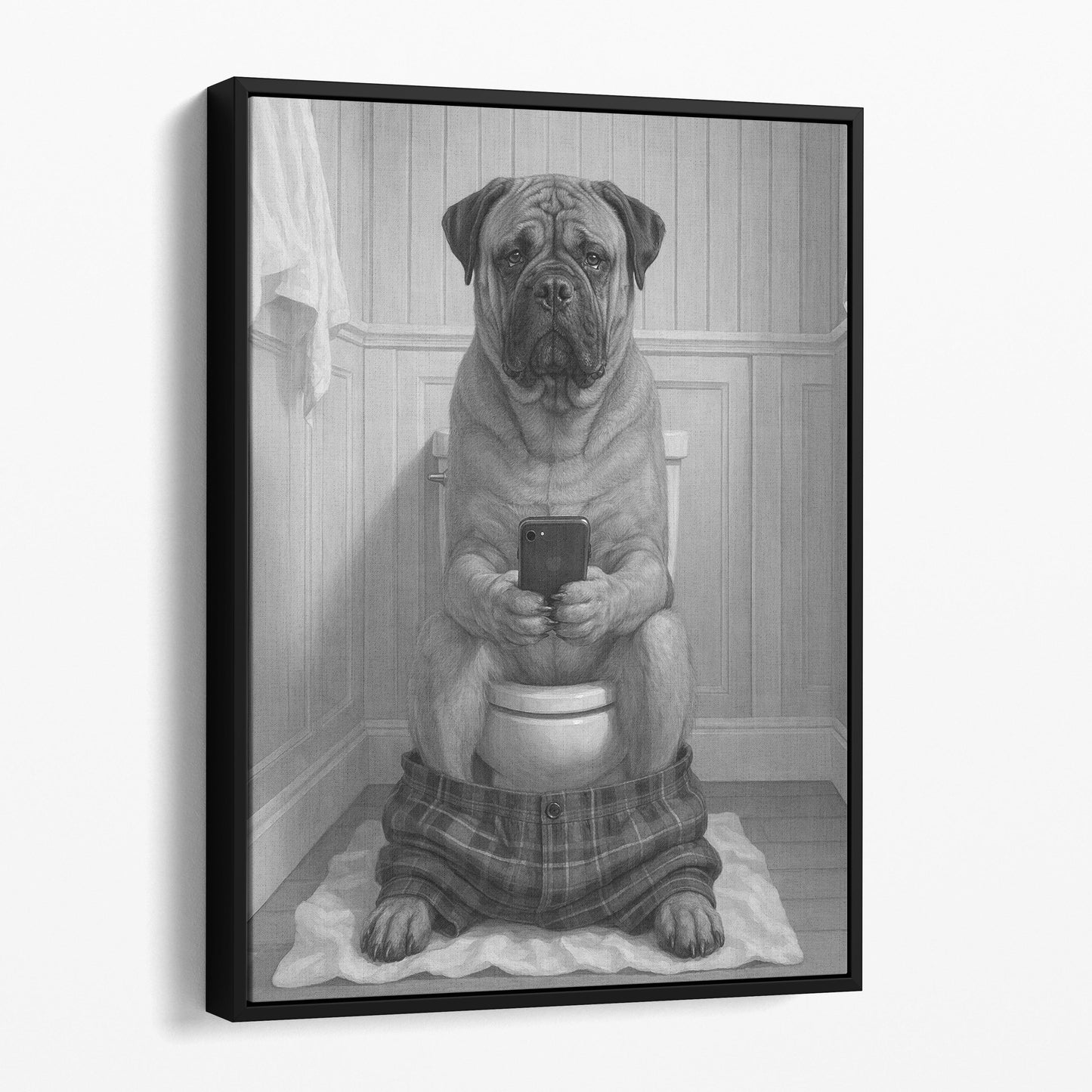 Bullmastiff Dog On The Phone On The Toilet
