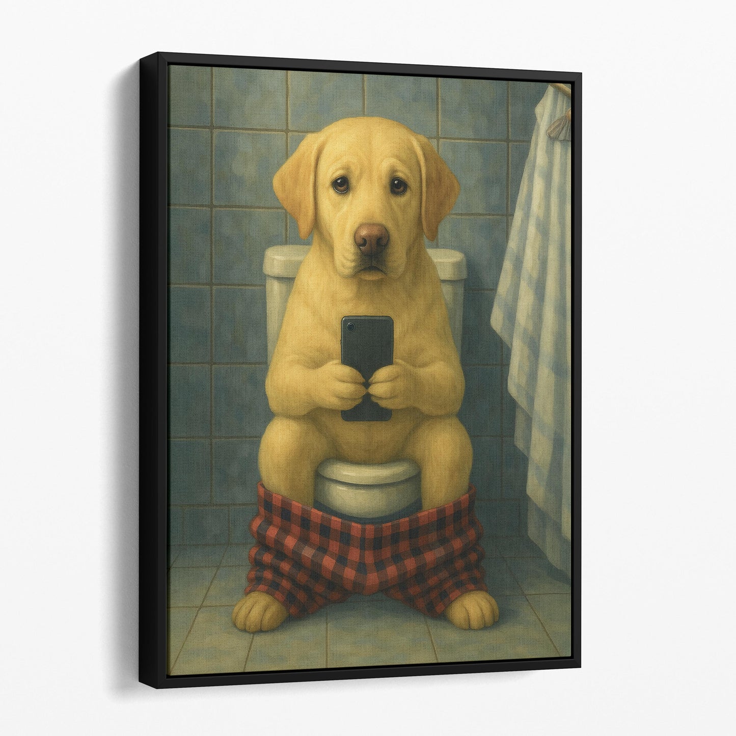 Yellow Labrador Retriever On The Phone On The Toilet