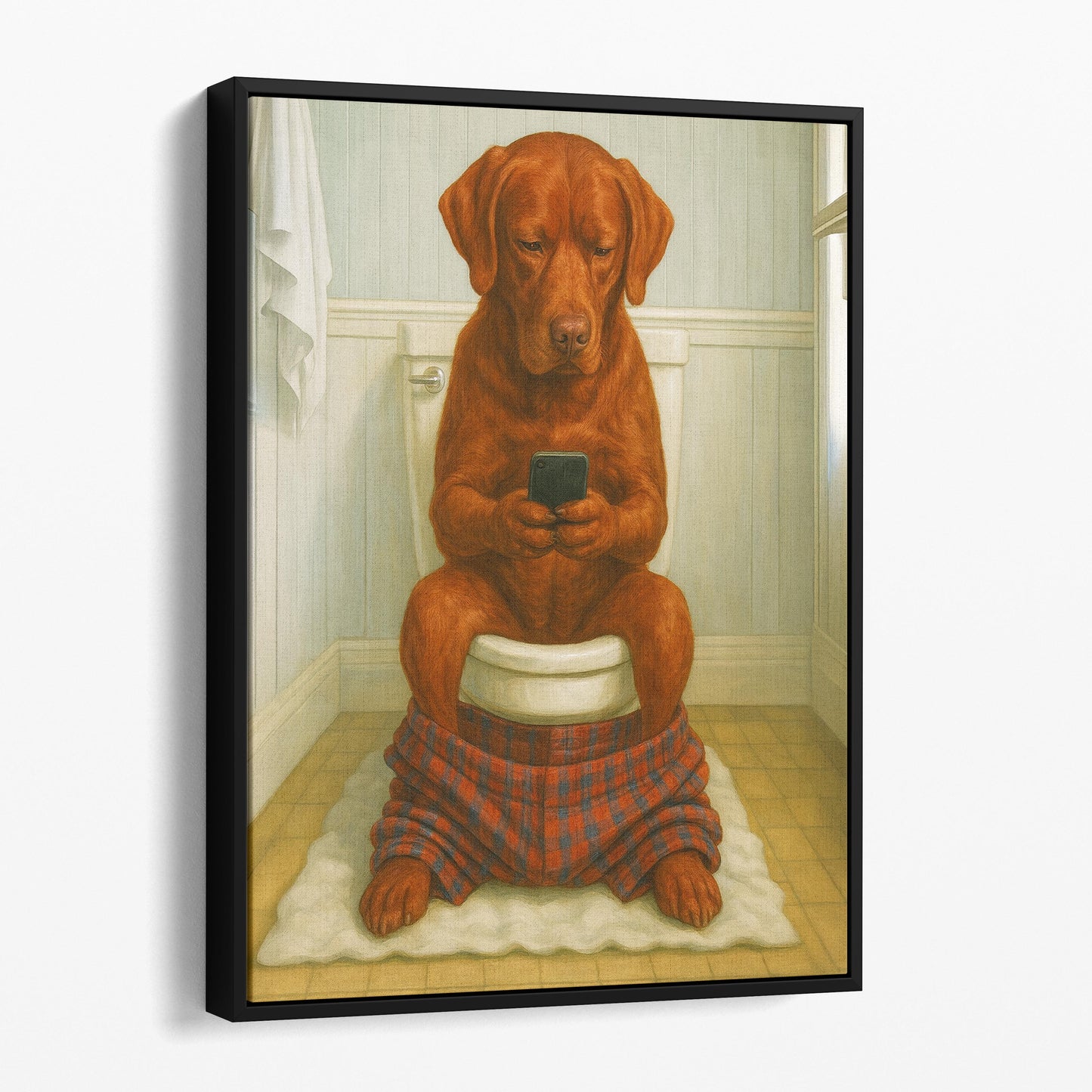 Red Labrador Retriever Dog On The Phone On The Toilet