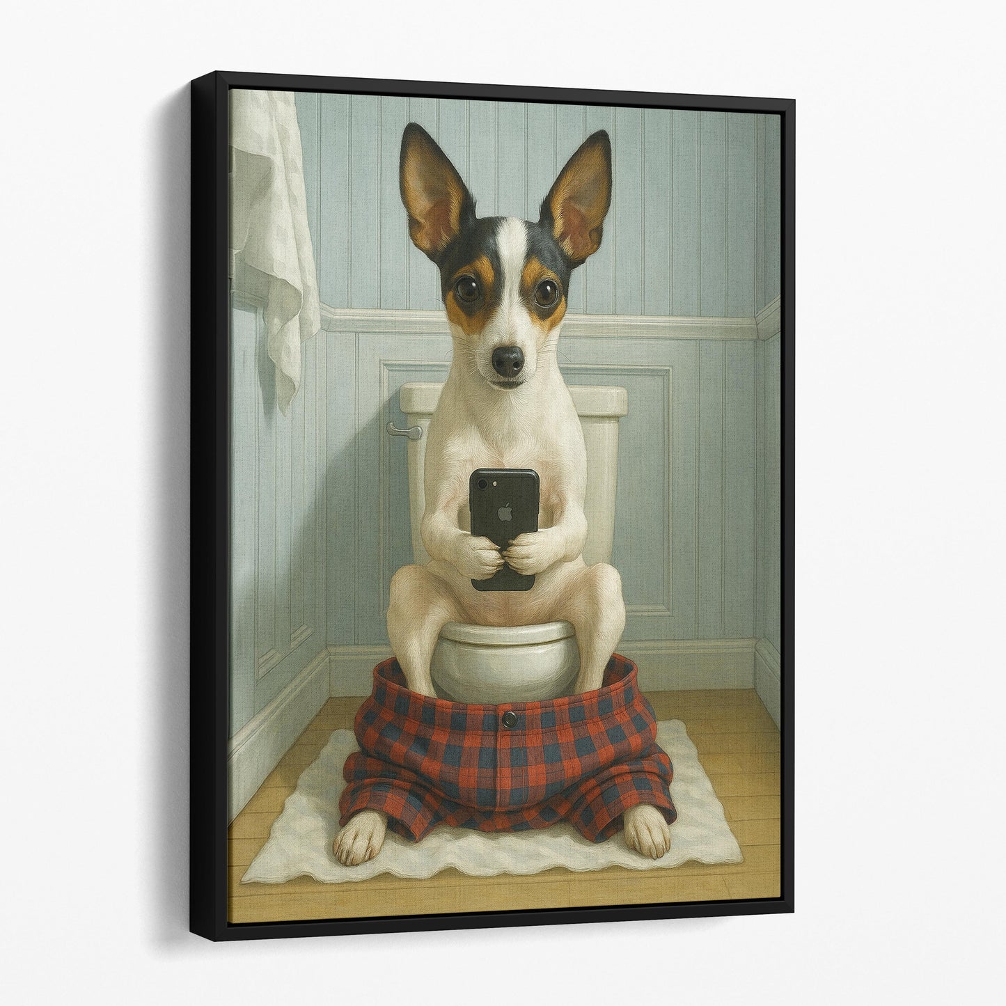 Toy Fox Terrier Dog On The Phone On The Toilet