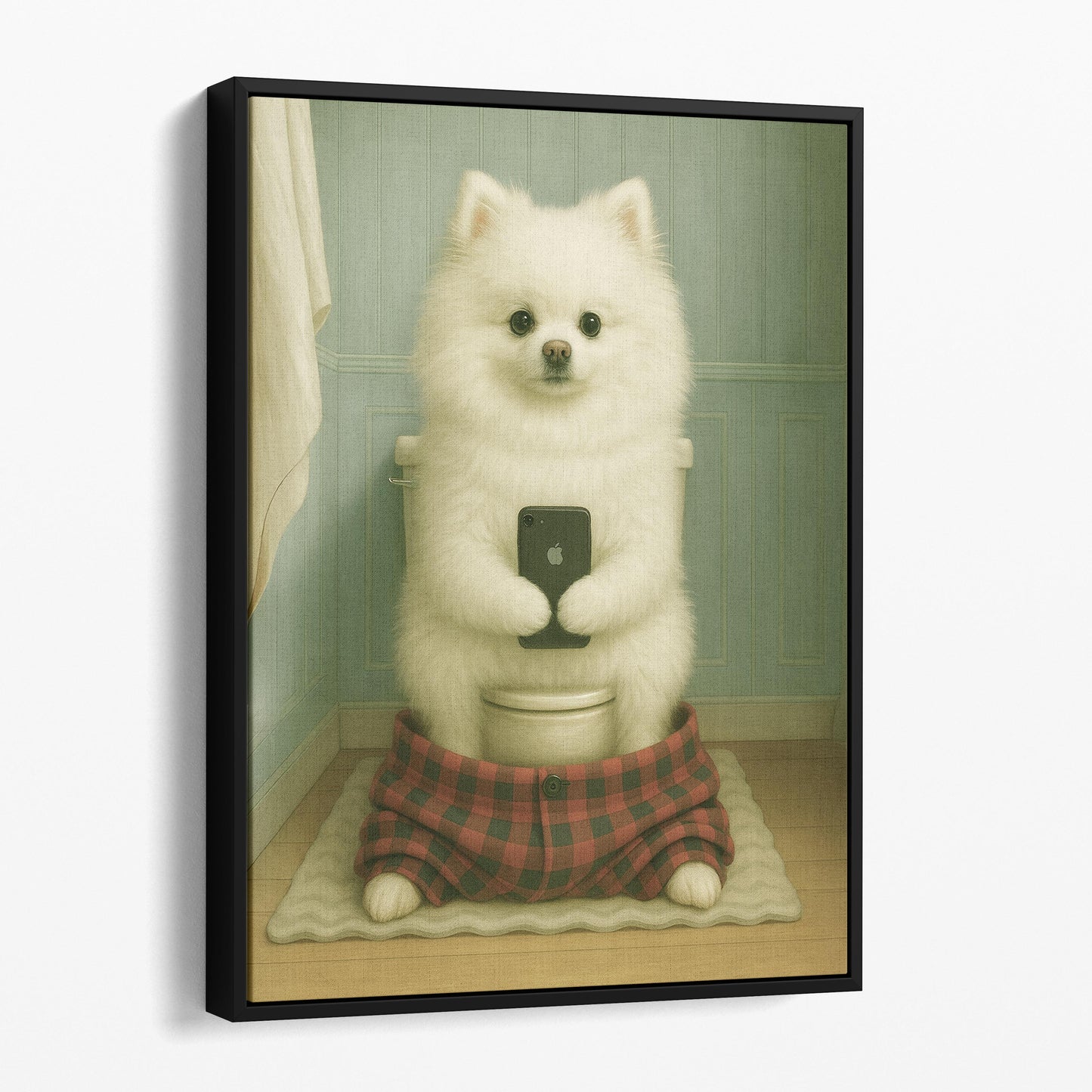 White Pomeranian Dog On The Phone On The Toilet