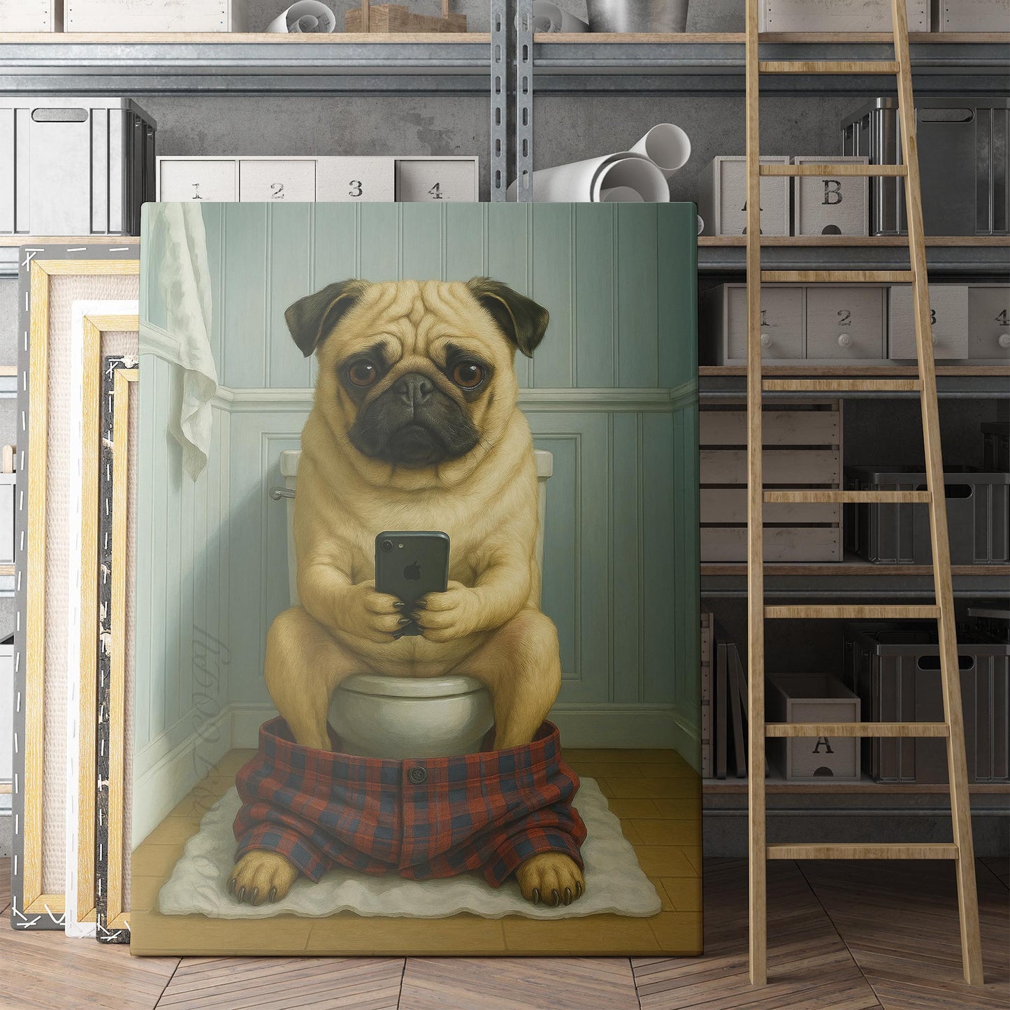 Pug Dog On The Phone On The Toilet