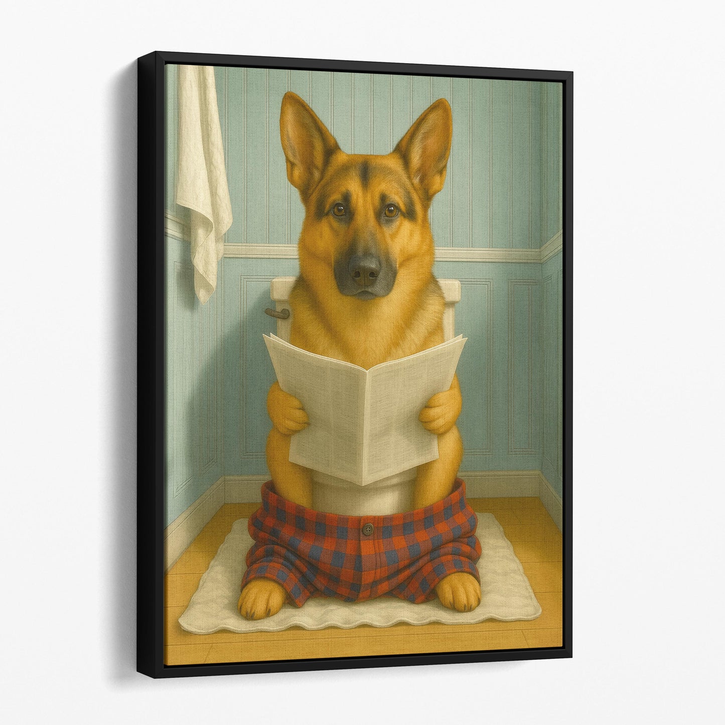 German Shepherd Dog Reading A Newspaper On The Toilet