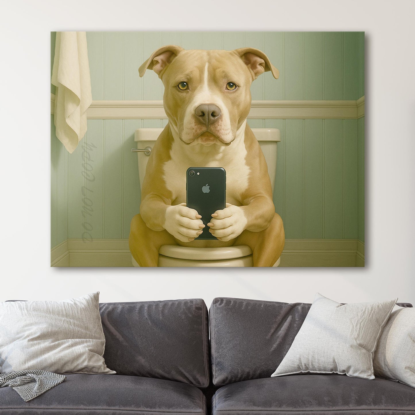 Pit Bull Dog On The Phone On The Toilet