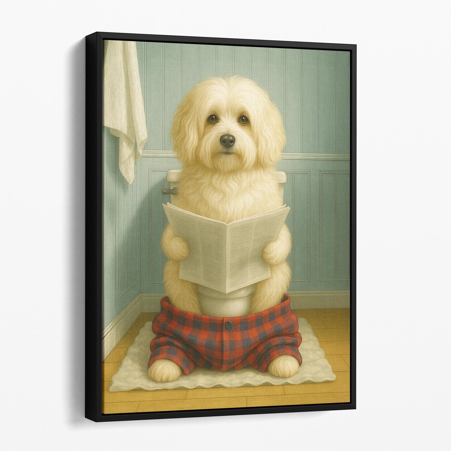 Havanese Dog Reading The Newspaper On The Toilet