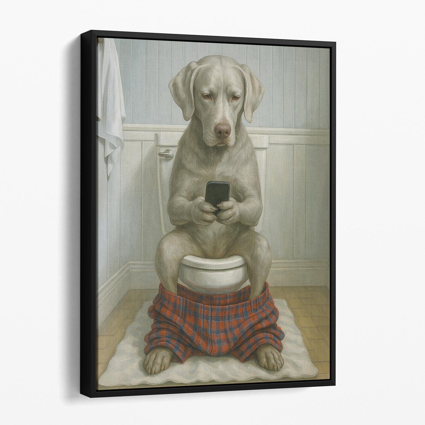 Silver Labrador Retriever Dog On The Phone On The Toilet